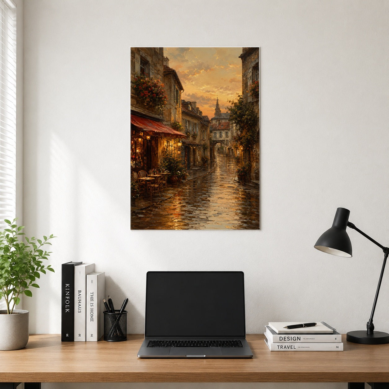 #pl[8x10 Inch|Multicolor] Rainy Old Town Poster, Cozy European Cafe Street Wall Art Print