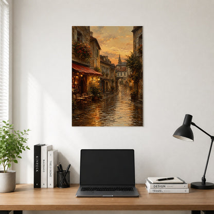 #pl[8x10 Inch|Multicolor] Rainy Old Town Poster, Cozy European Cafe Street Wall Art Print
