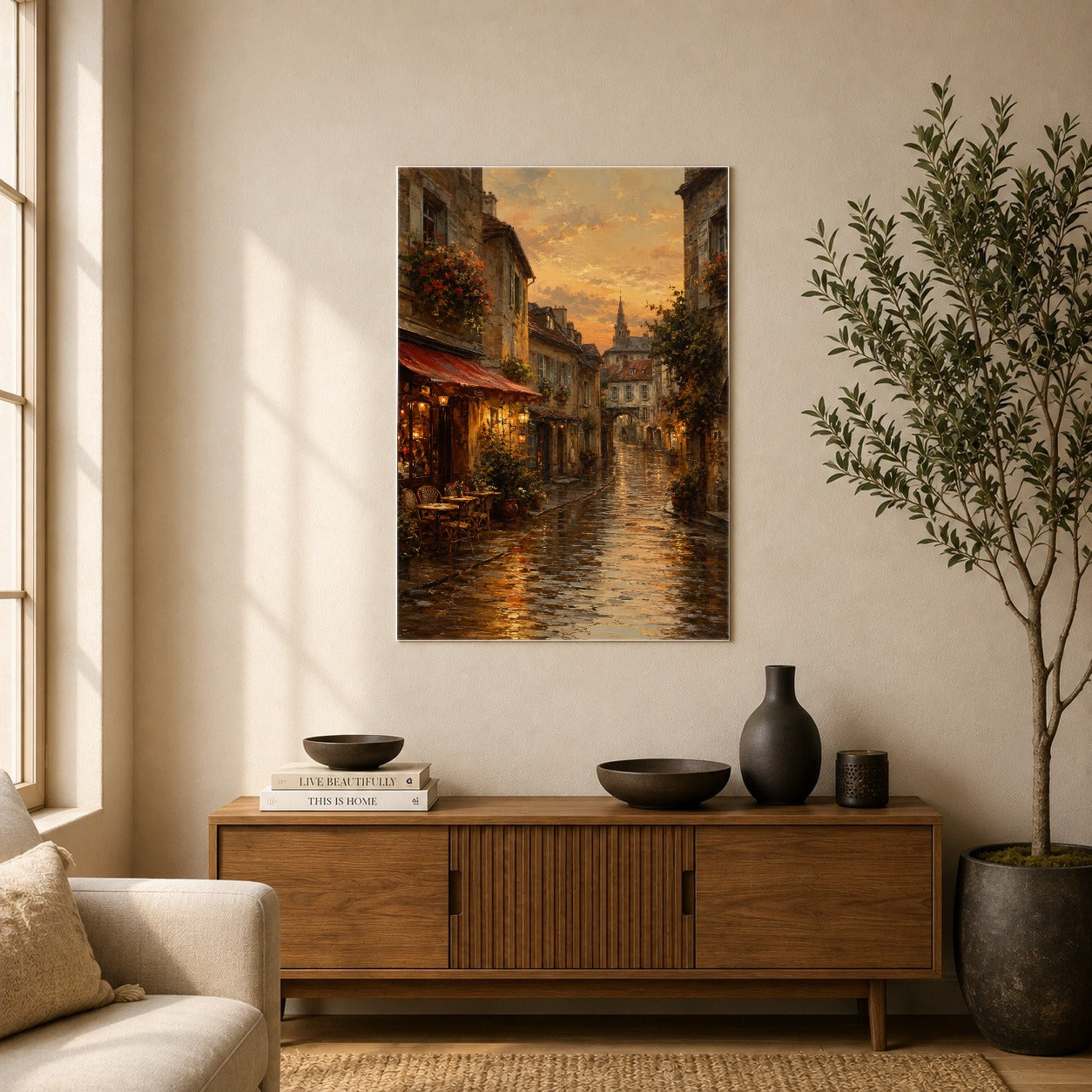 #pl[8x10 Inch|Multicolor] Rainy Old Town Poster, Cozy European Cafe Street Wall Art Print