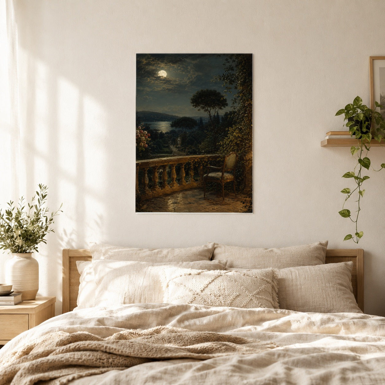 #pl[8x10 Inch|Multicolor] Moonlit Terrace Poster, Romantic Garden Lake Wall Art Print