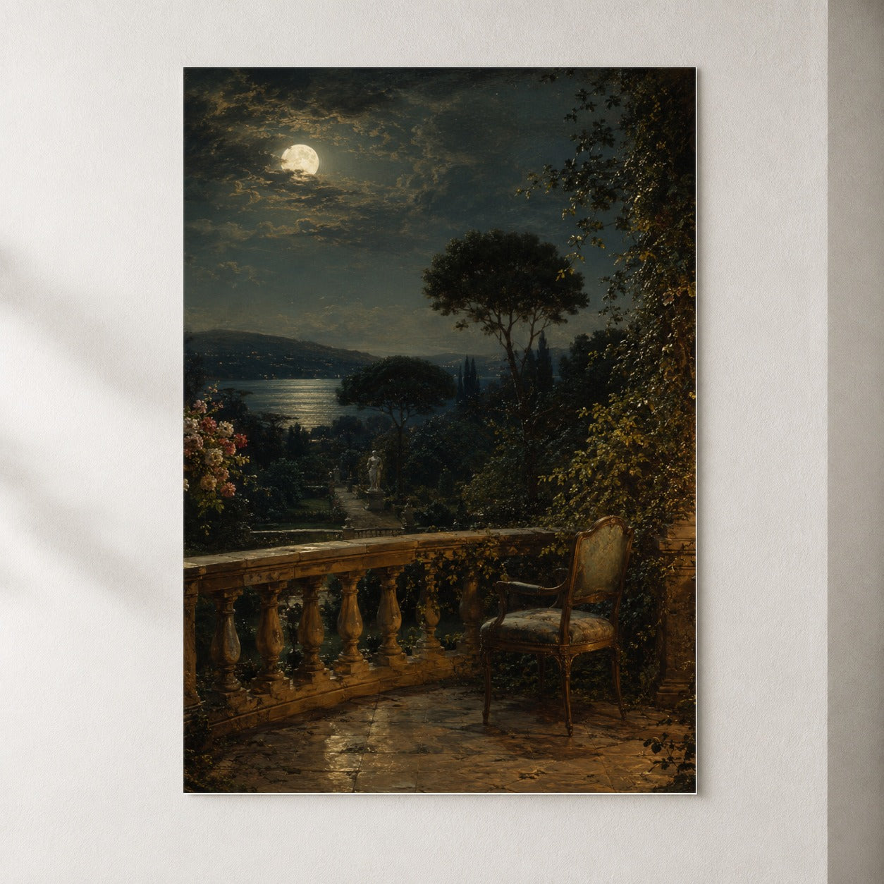 Moonlit Terrace Poster, Romantic Garden Lake Wall Art Print