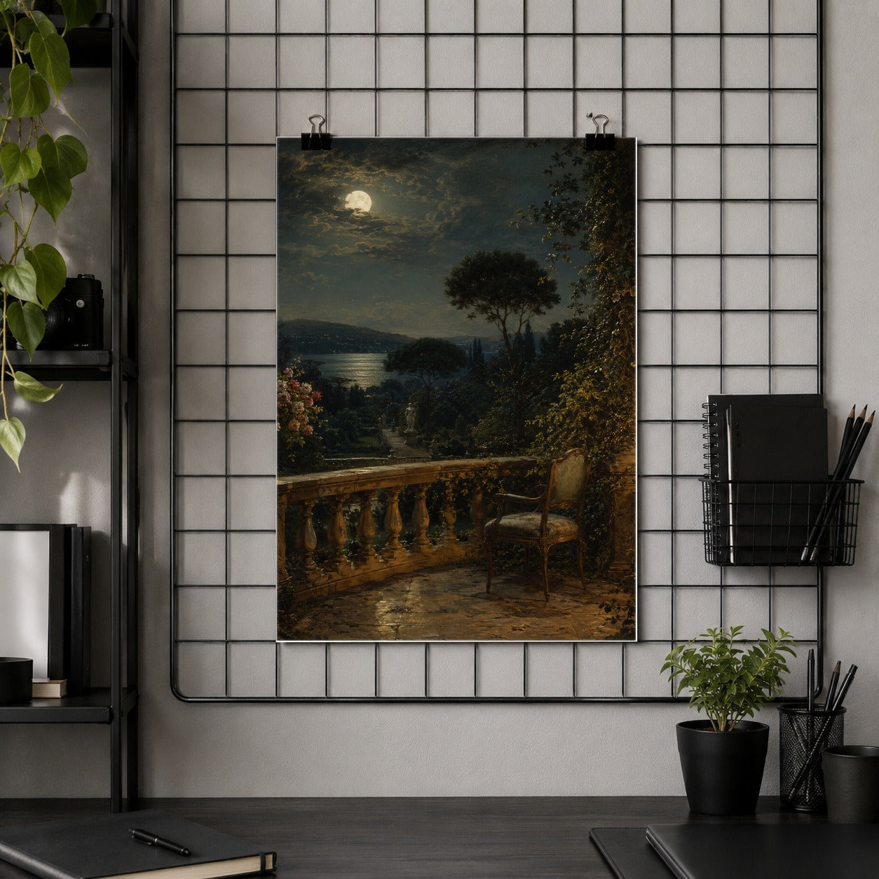#pl[8x10 Inch|Multicolor] Moonlit Terrace Poster, Romantic Garden Lake Wall Art Print