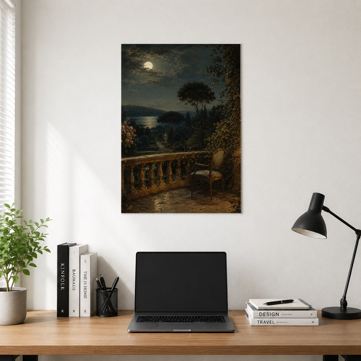 #pl[8x10 Inch|Multicolor] Moonlit Terrace Poster, Romantic Garden Lake Wall Art Print