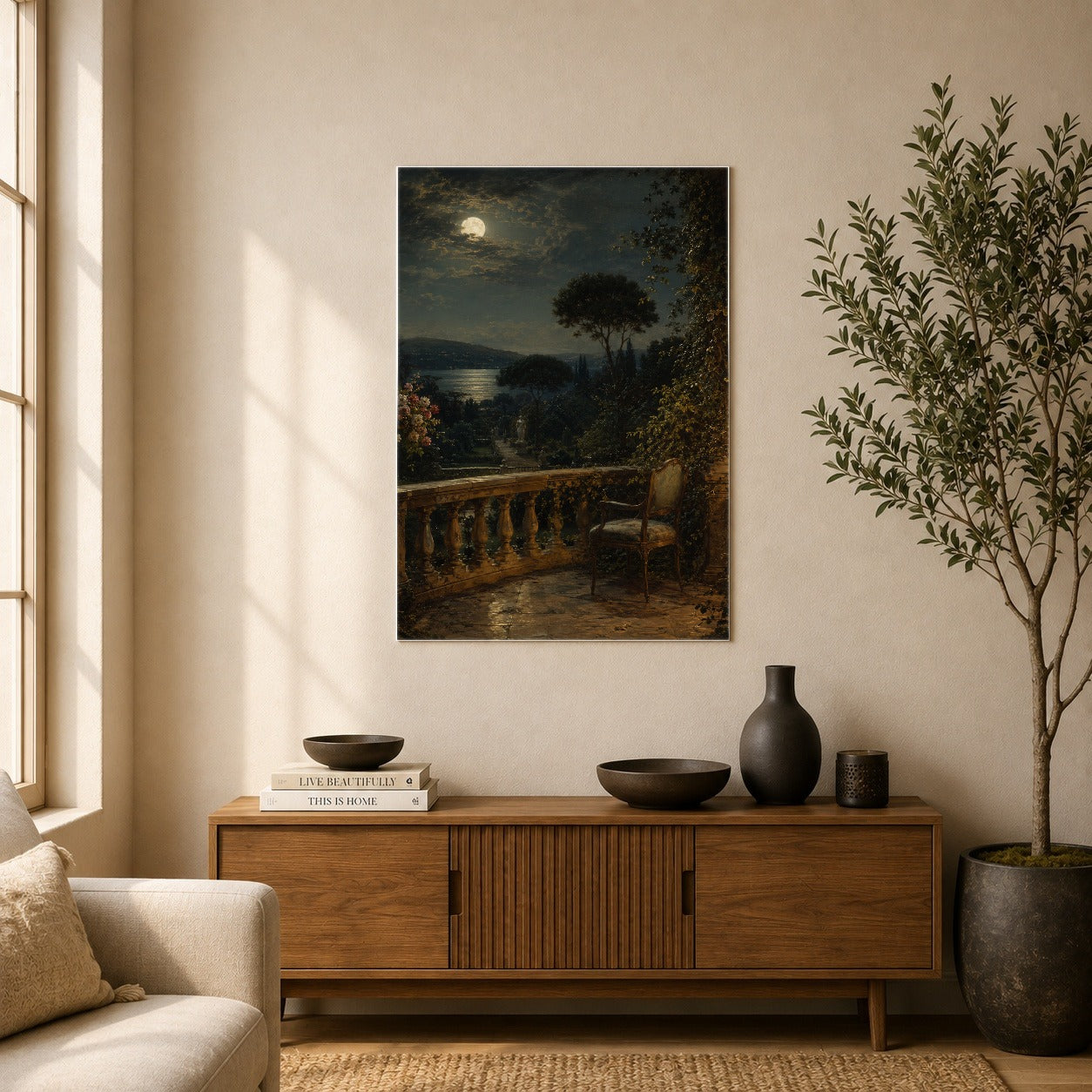 #pl[8x10 Inch|Multicolor] Moonlit Terrace Poster, Romantic Garden Lake Wall Art Print