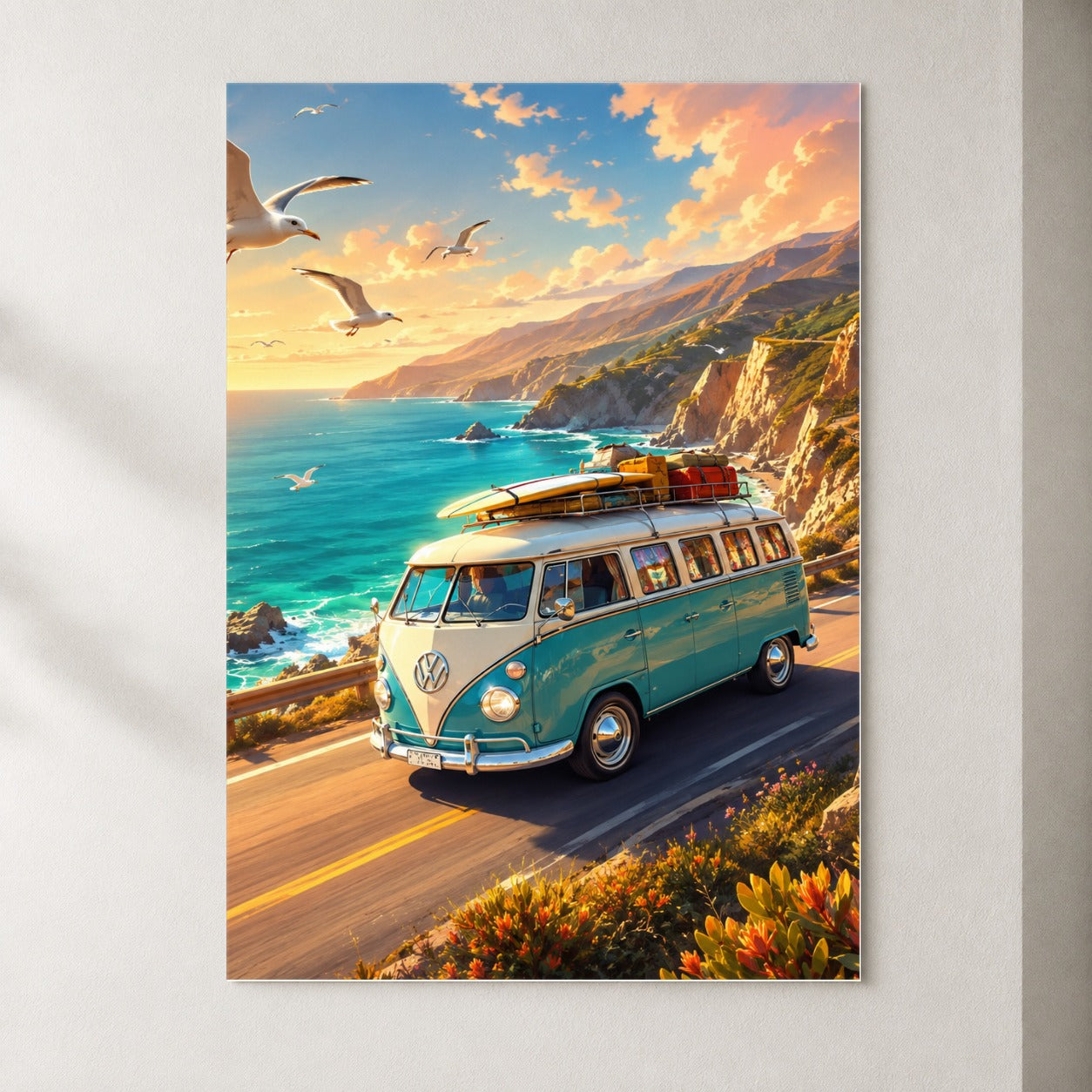 Retro Camper Van Poster, Coastal Road Adventure Wall Art Print