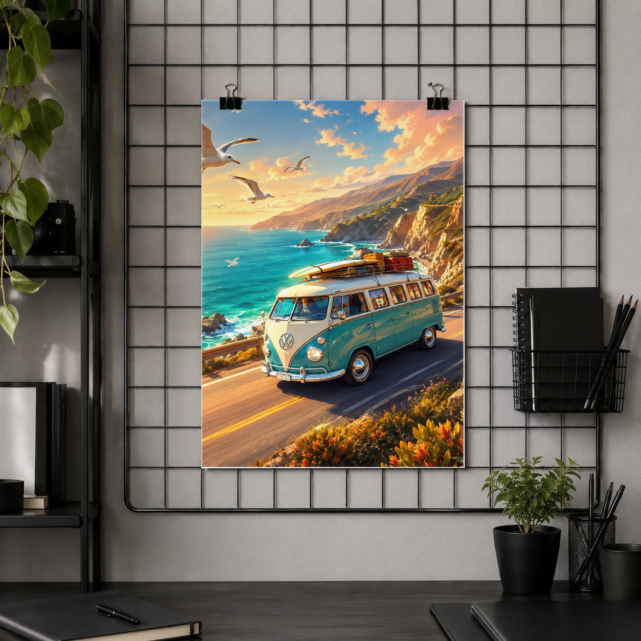 #pl[8x10 Inch|Multicolor] Retro Camper Van Poster, Coastal Road Adventure Wall Art Print