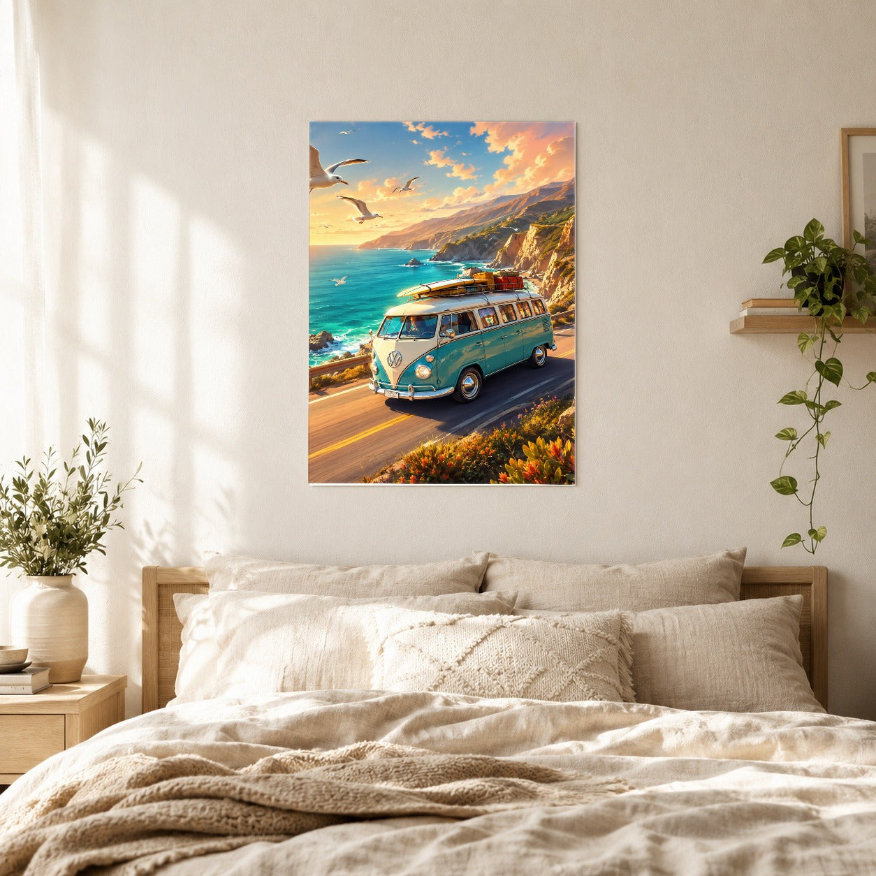 #pl[8x10 Inch|Multicolor] Retro Camper Van Poster, Coastal Road Adventure Wall Art Print