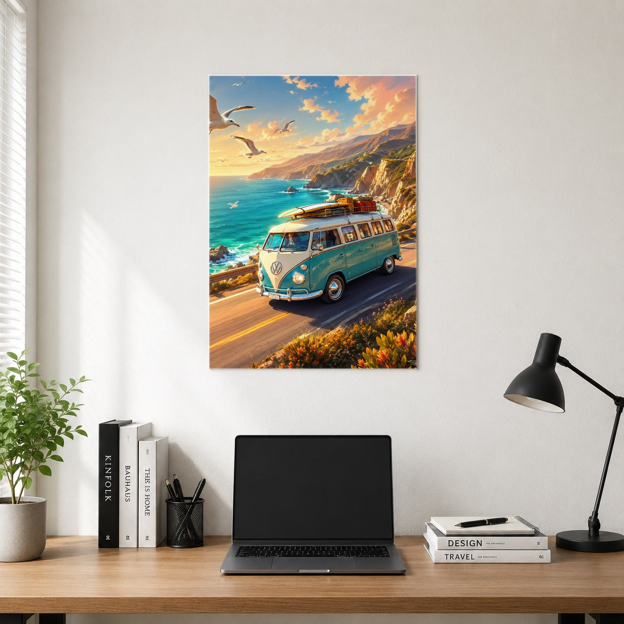 #pl[8x10 Inch|Multicolor] Retro Camper Van Poster, Coastal Road Adventure Wall Art Print