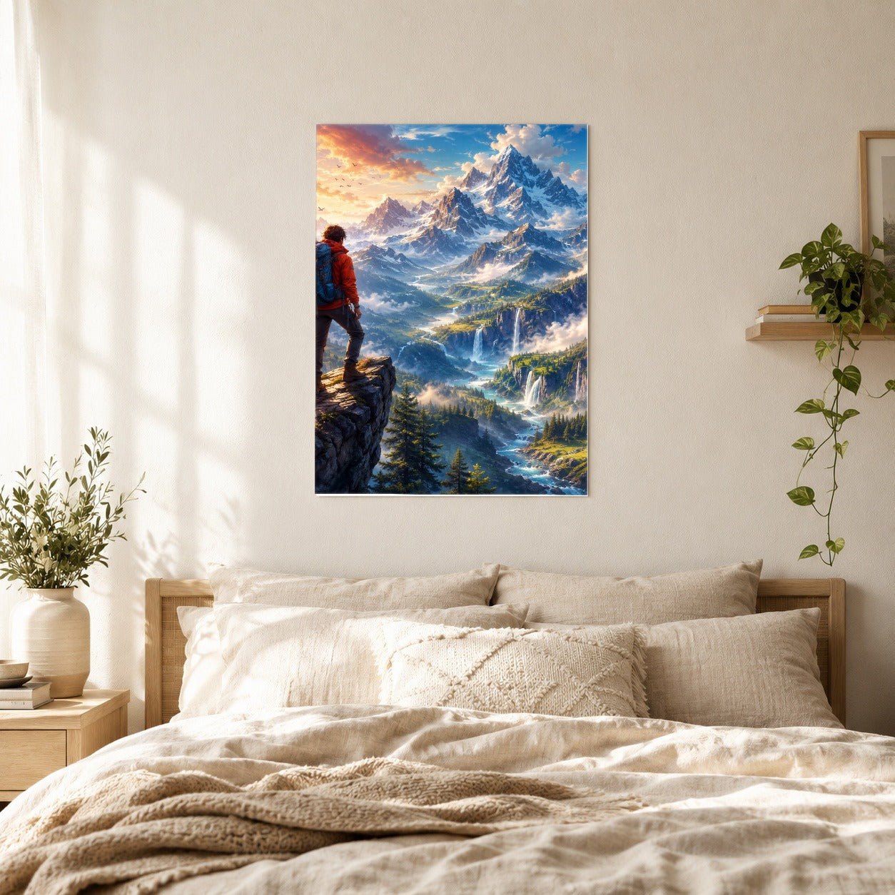 #pl[8x10 Inch|Multicolor] Mountain Hiker Poster, Alpine Peaks Waterfall Wall Art Print