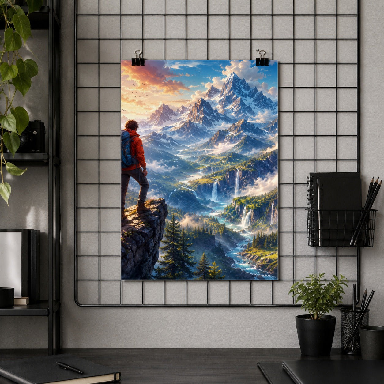 #pl[8x10 Inch|Multicolor] Mountain Hiker Poster, Alpine Peaks Waterfall Wall Art Print