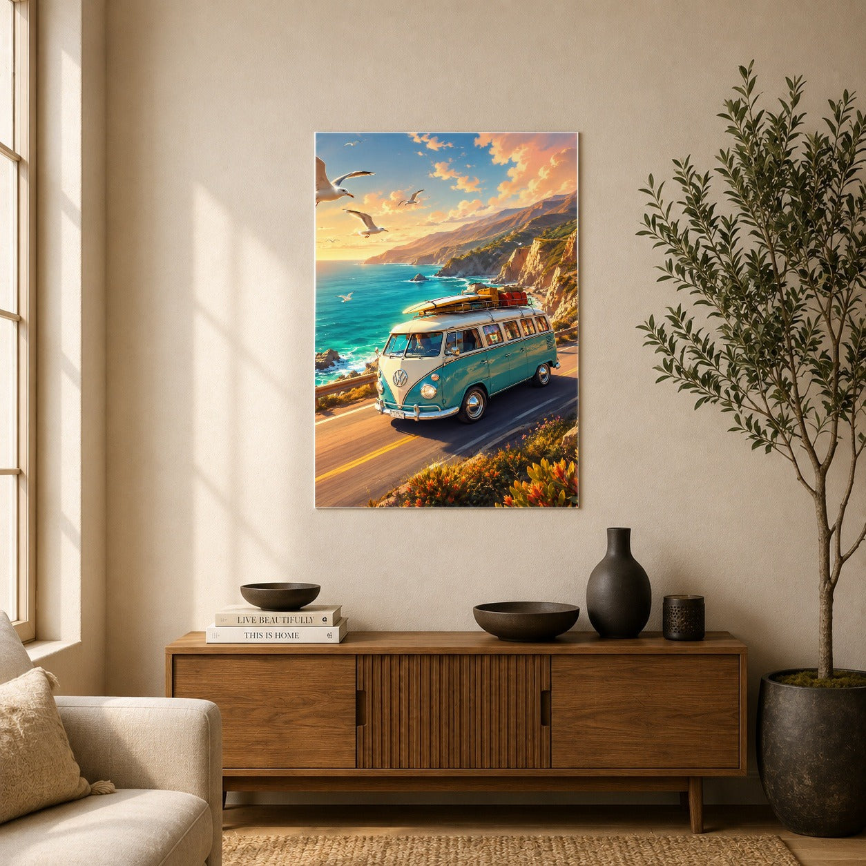 #pl[8x10 Inch|Multicolor] Retro Camper Van Poster, Coastal Road Adventure Wall Art Print