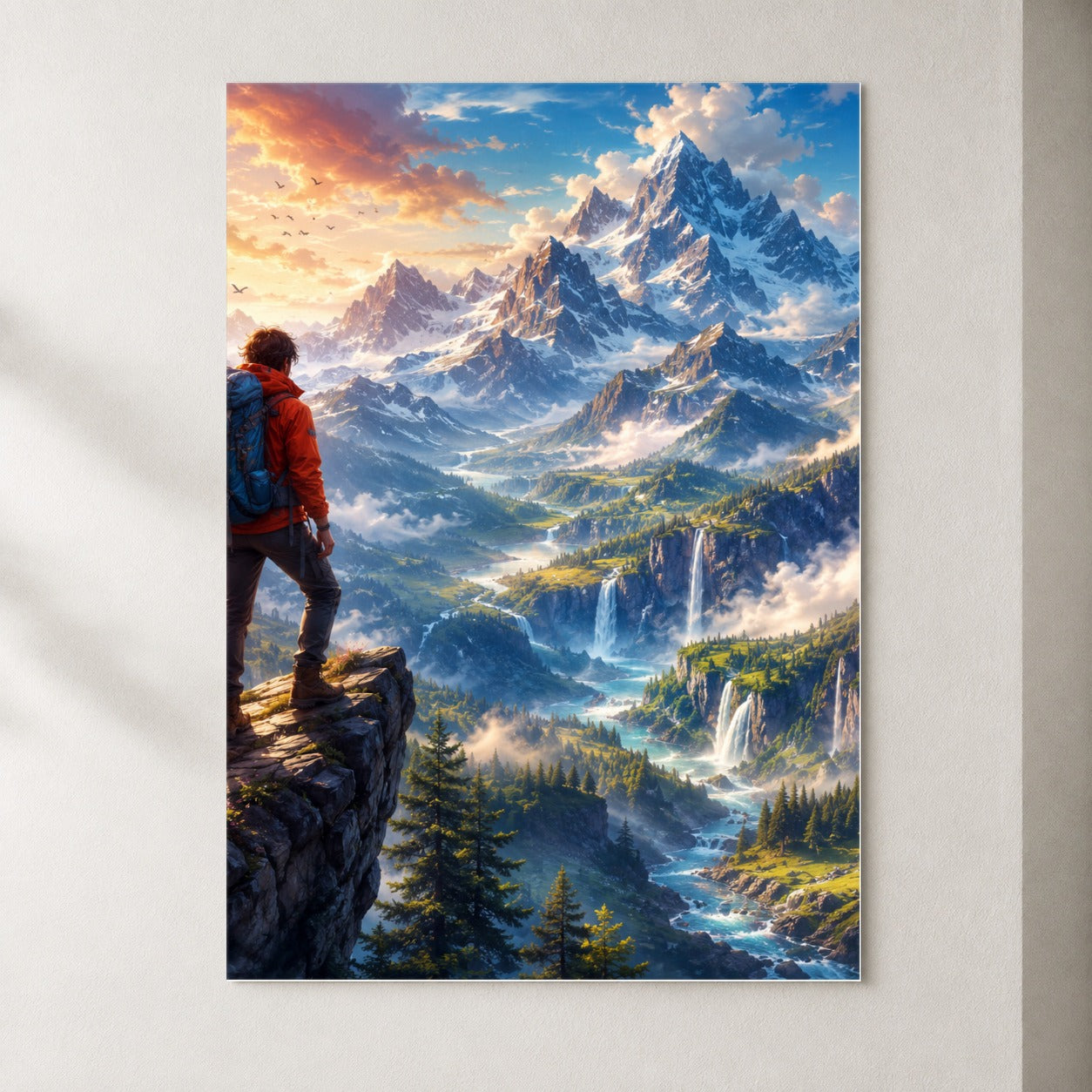 Mountain Hiker Poster, Alpine Peaks Waterfall Wall Art Print