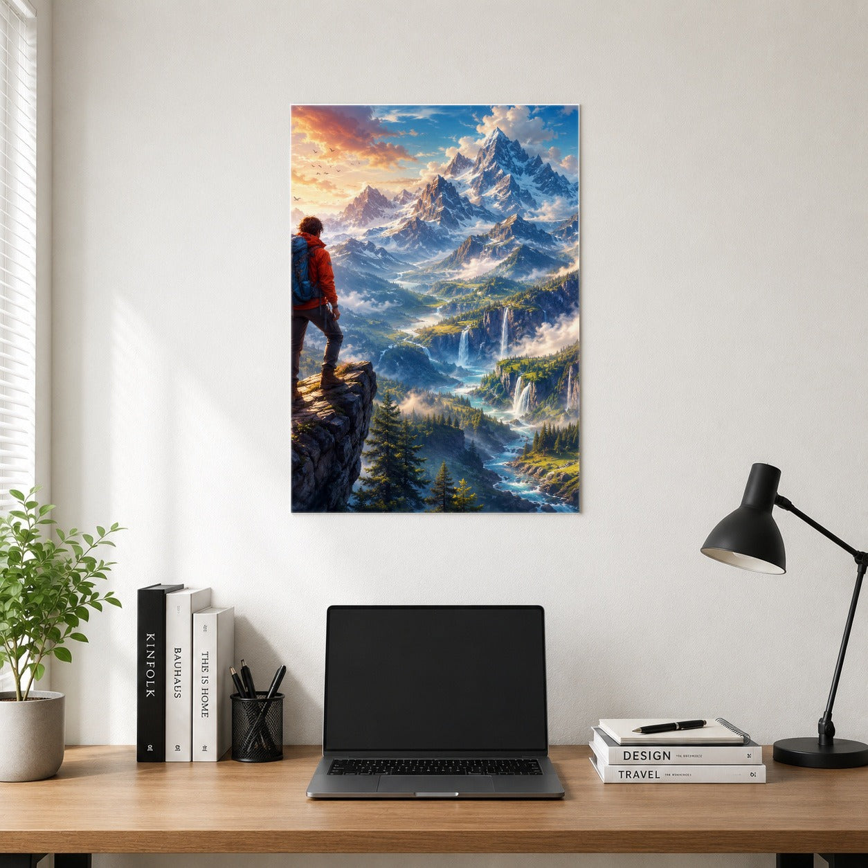 #pl[8x10 Inch|Multicolor] Mountain Hiker Poster, Alpine Peaks Waterfall Wall Art Print