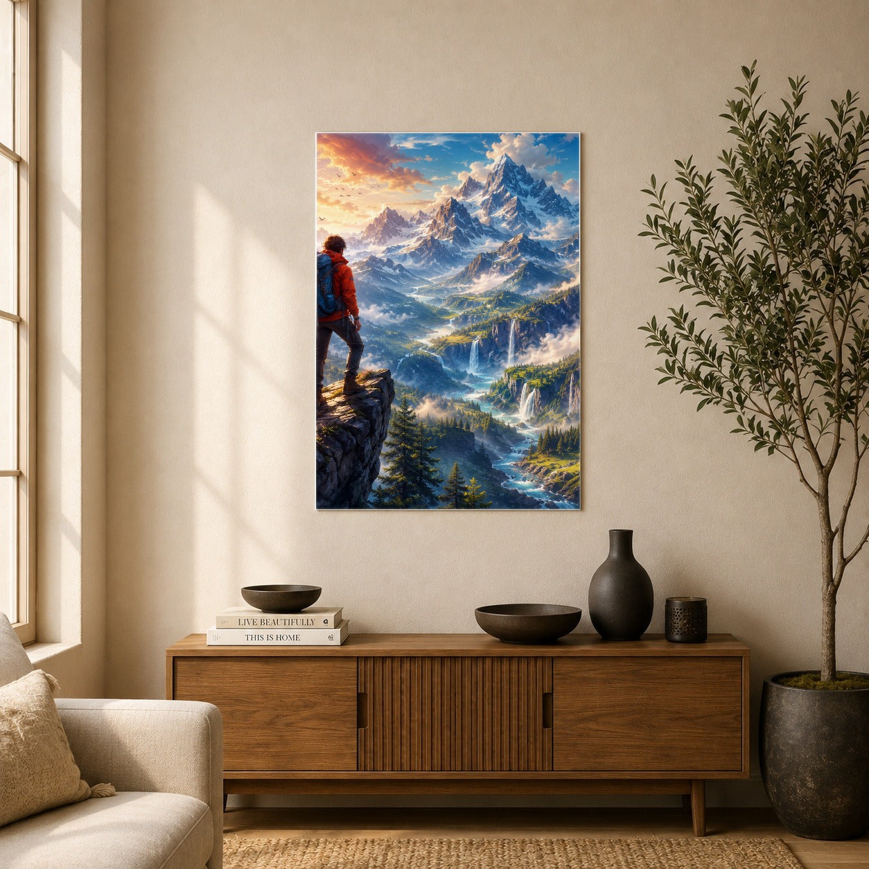 #pl[8x10 Inch|Multicolor] Mountain Hiker Poster, Alpine Peaks Waterfall Wall Art Print