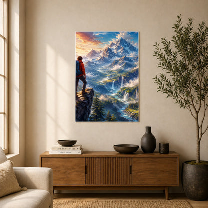 #pl[8x10 Inch|Multicolor] Mountain Hiker Poster, Alpine Peaks Waterfall Wall Art Print