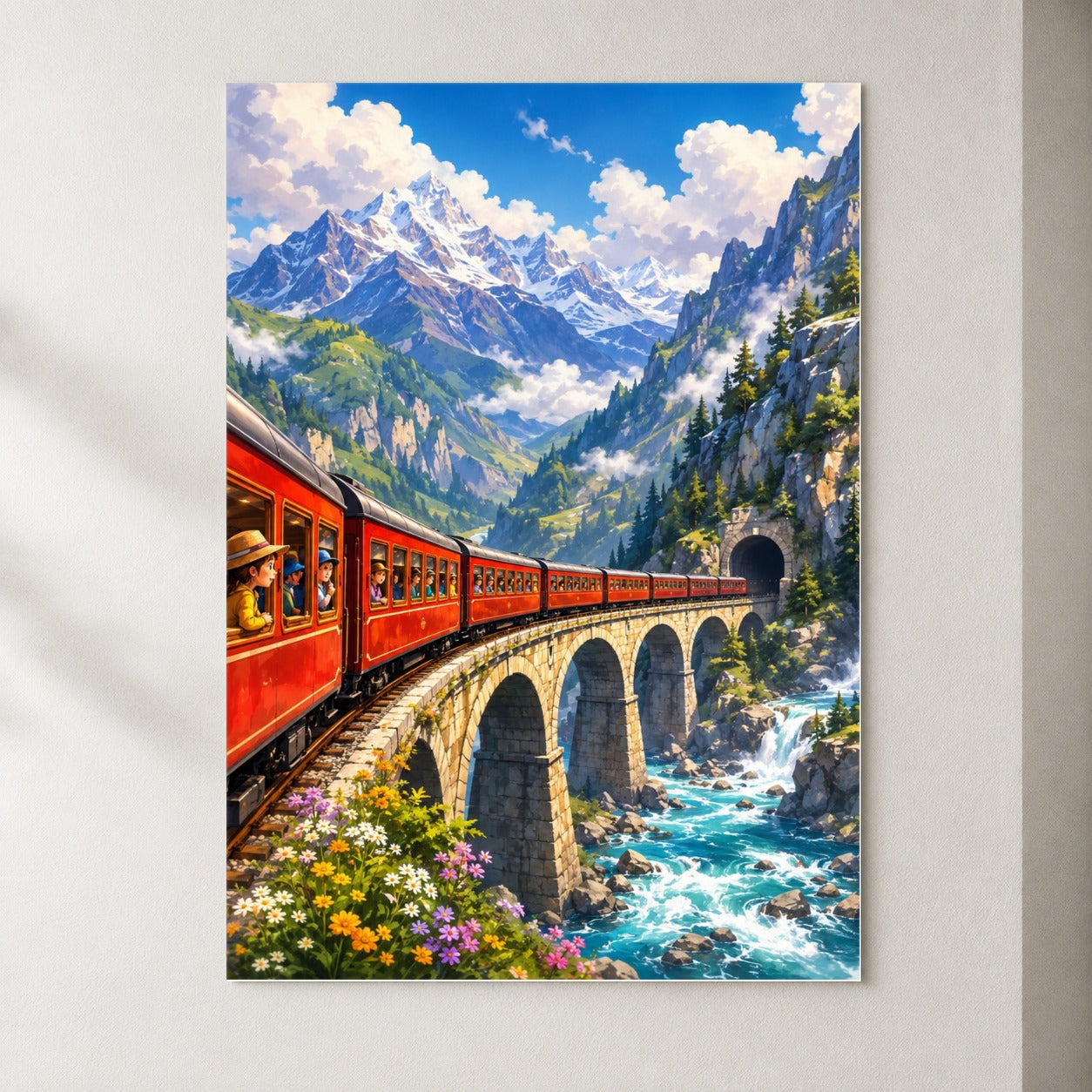 Mountain Train Poster, Red Alpine Railway Bridge Wall Art Print