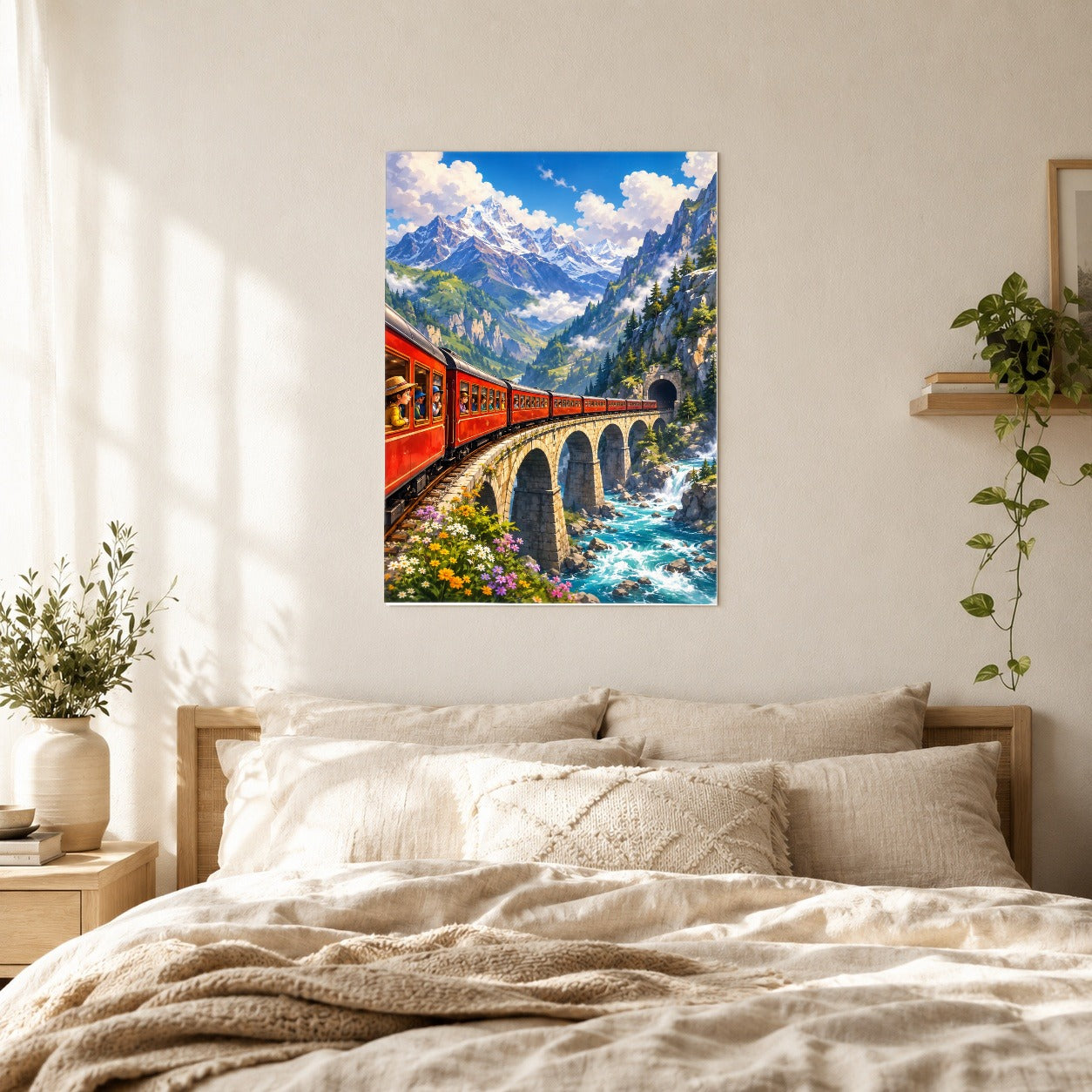 #pl[8x10 Inch|Multicolor] Mountain Train Poster, Red Alpine Railway Bridge Wall Art Print