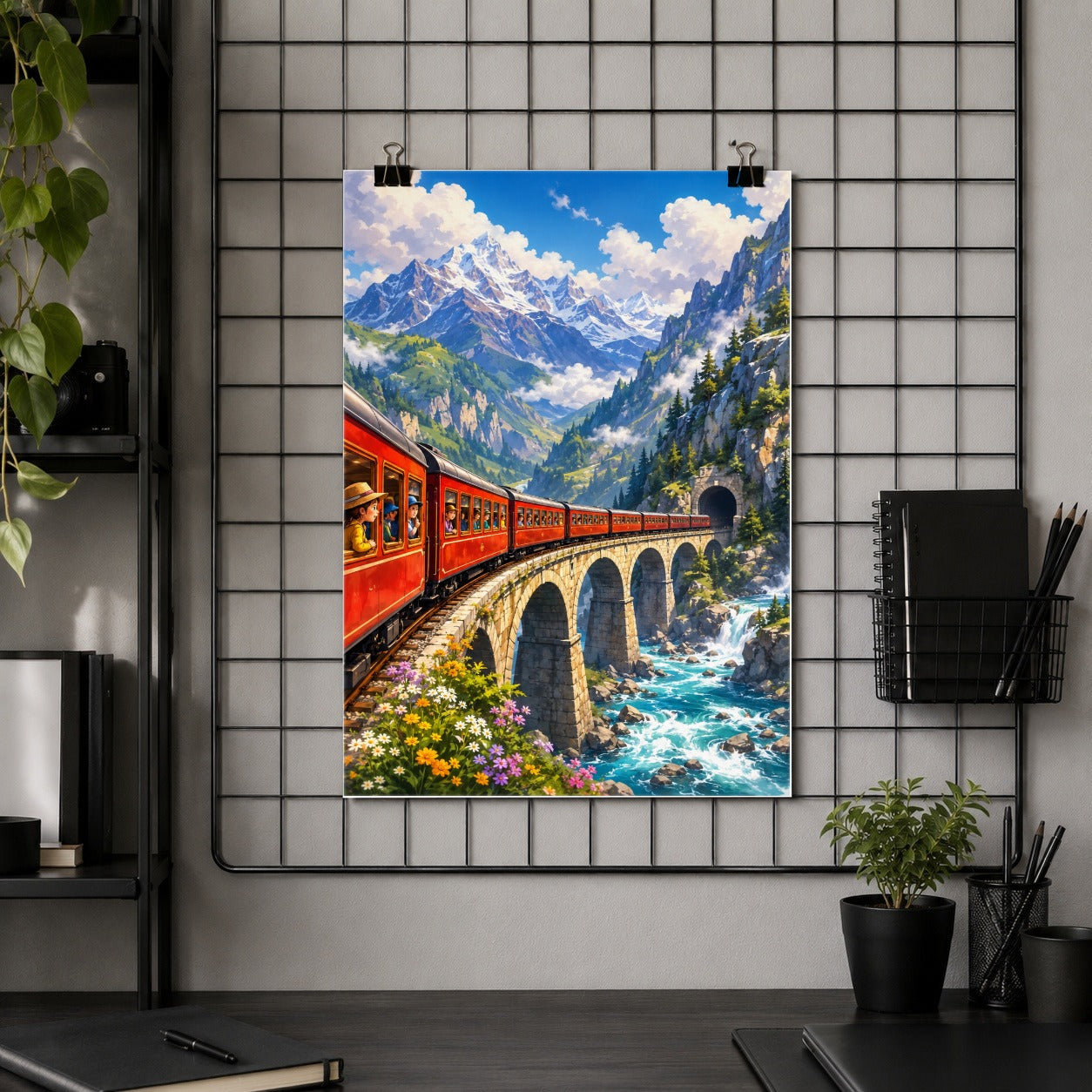 #pl[8x10 Inch|Multicolor] Mountain Train Poster, Red Alpine Railway Bridge Wall Art Print