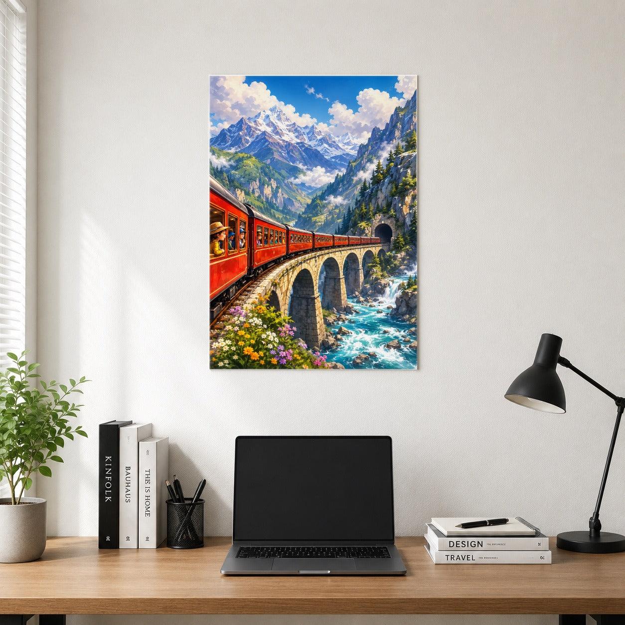 #pl[8x10 Inch|Multicolor] Mountain Train Poster, Red Alpine Railway Bridge Wall Art Print