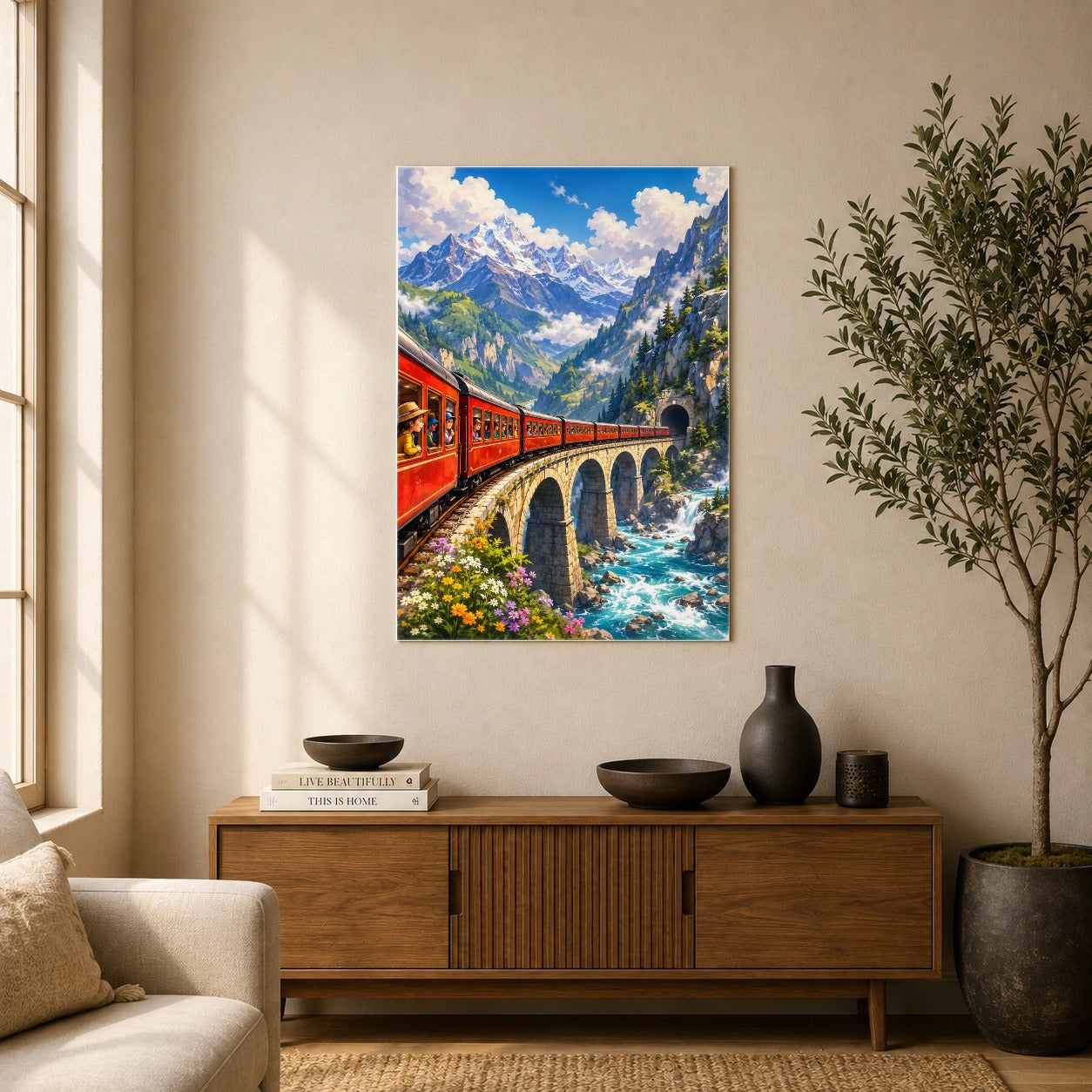 #pl[8x10 Inch|Multicolor] Mountain Train Poster, Red Alpine Railway Bridge Wall Art Print