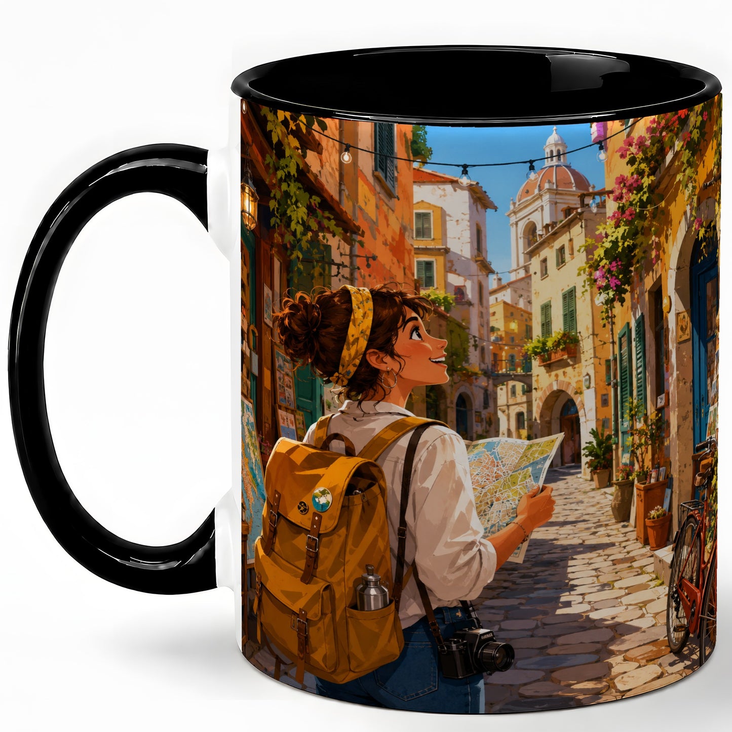 #pl[11oz|Black] City Traveler Ceramic Mug, Colorful Old Town Map Adventure