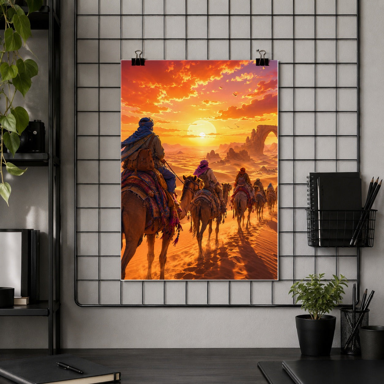#pl[8x10 Inch|Multicolor] Desert Caravan Poster, Camel Journey Sunset Wall Art Print