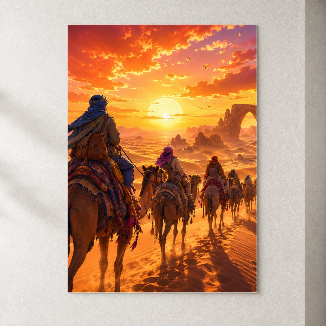 Desert Caravan Poster, Camel Journey Sunset Wall Art Print
