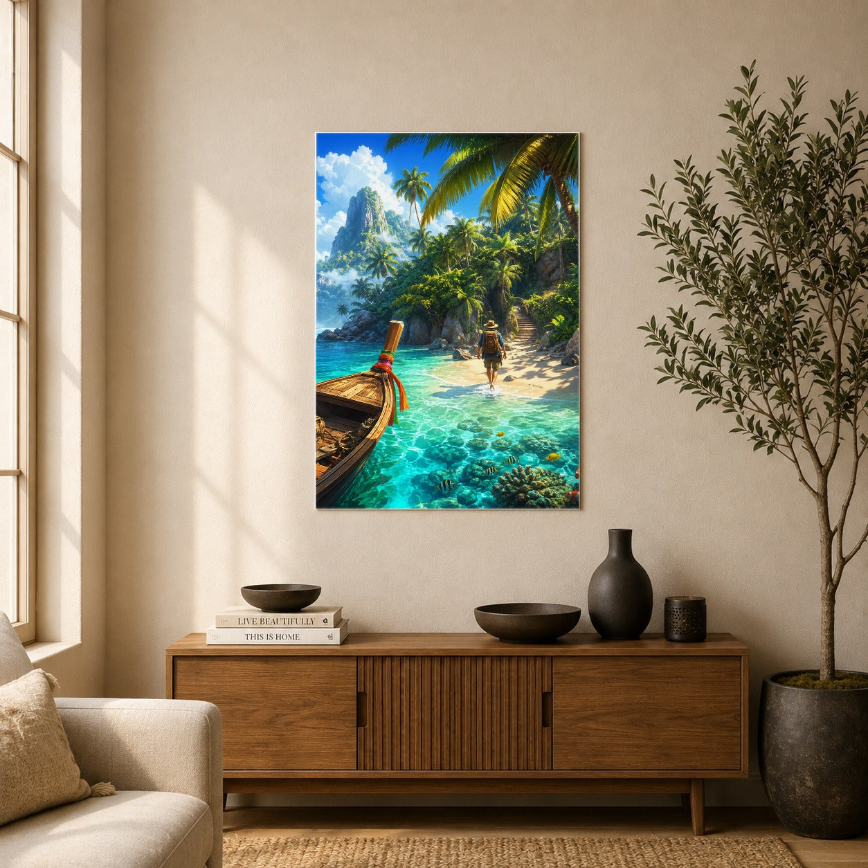 #pl[8x10 Inch|Multicolor] Tropical Island Poster, Turquoise Lagoon Adventure Wall Art Print