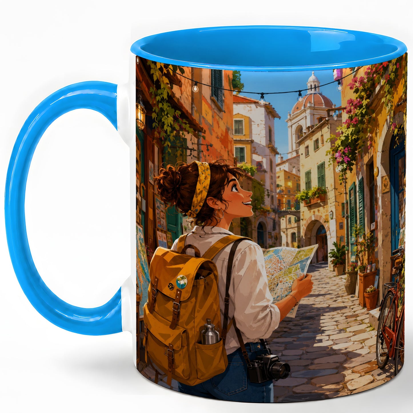 #pl[11oz|Blue] City Traveler Ceramic Mug, Colorful Old Town Map Adventure