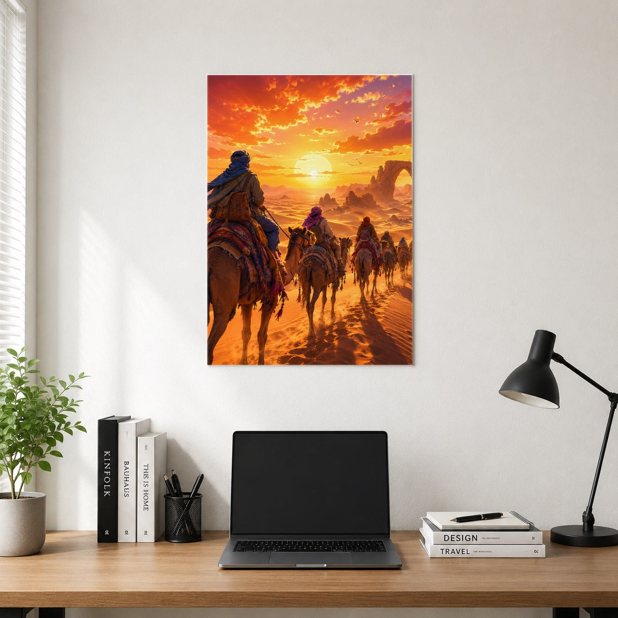 #pl[8x10 Inch|Multicolor] Desert Caravan Poster, Camel Journey Sunset Wall Art Print