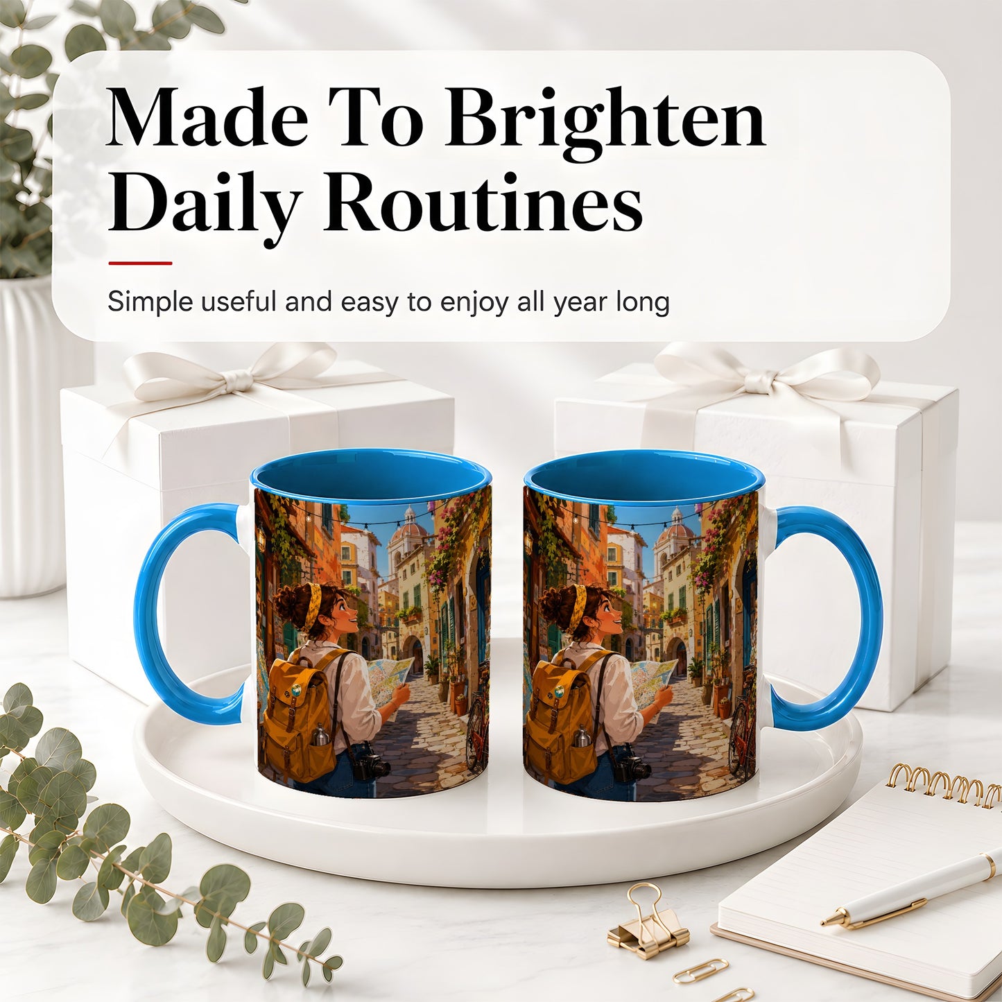 #pl[11oz|Blue] City Traveler Ceramic Mug, Colorful Old Town Map Adventure