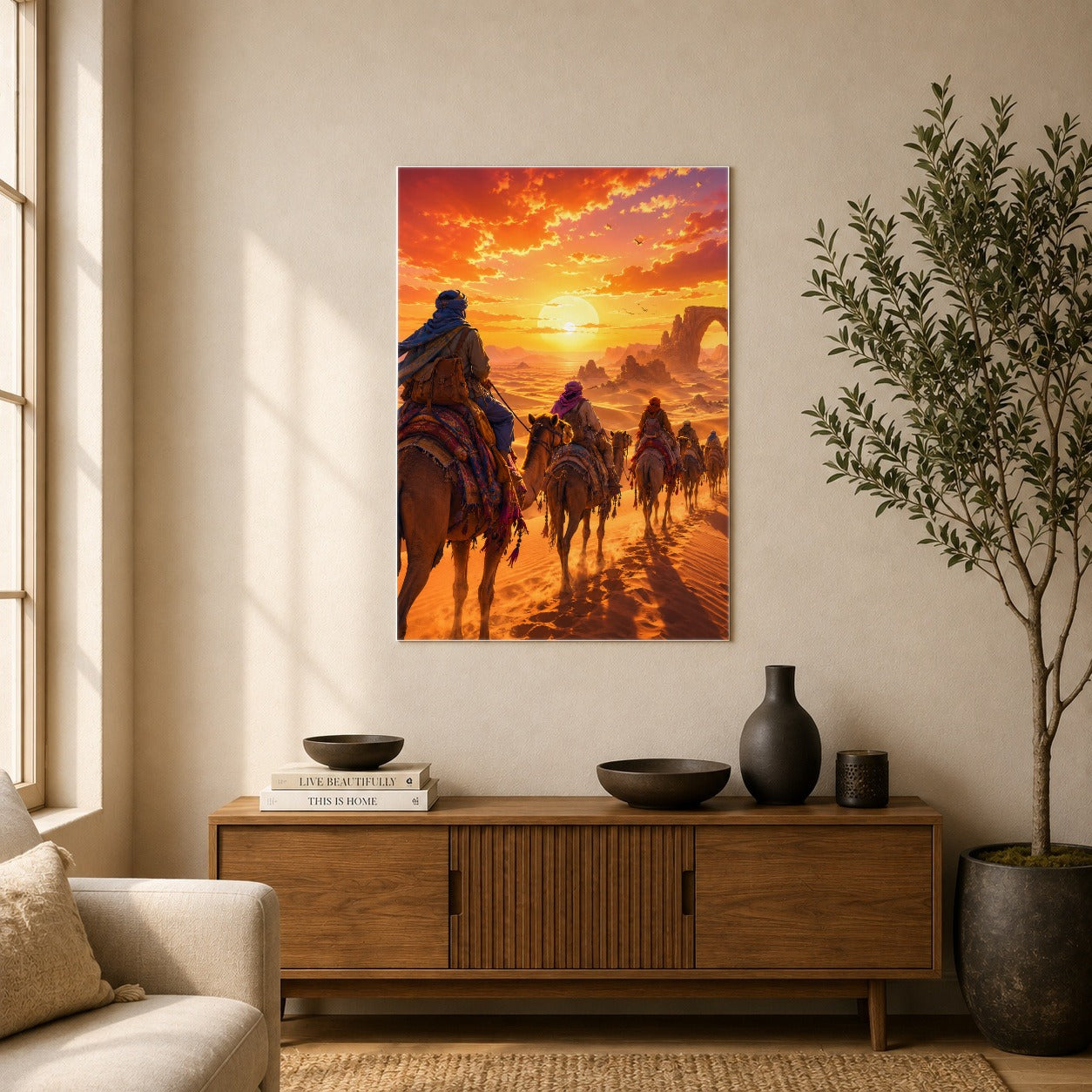 #pl[8x10 Inch|Multicolor] Desert Caravan Poster, Camel Journey Sunset Wall Art Print