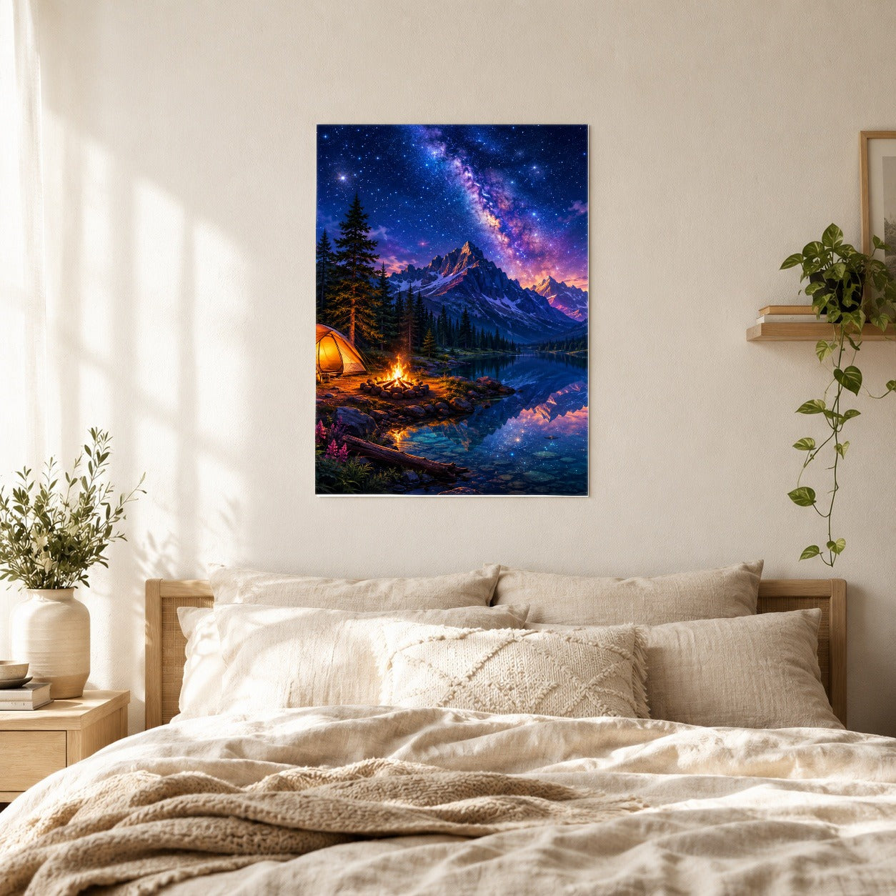 #pl[8x10 Inch|Multicolor] Milky Way Camping Poster, Mountain Lake Campfire Wall Art Print