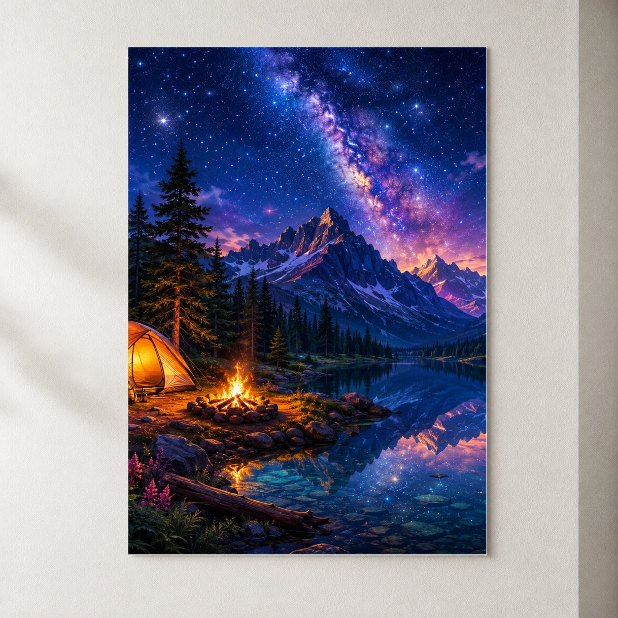 Milky Way Camping Poster, Mountain Lake Campfire Wall Art Print