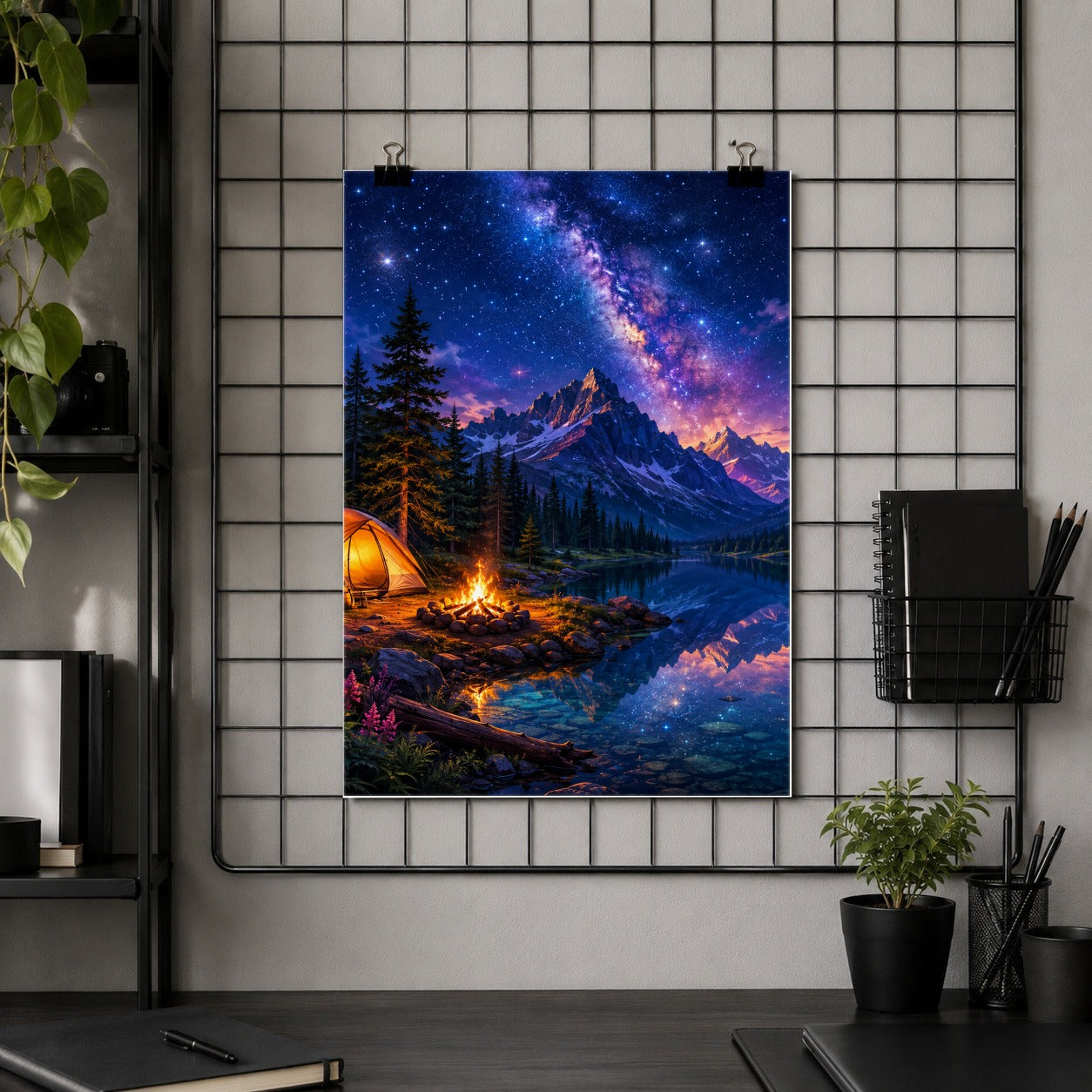 #pl[8x10 Inch|Multicolor] Milky Way Camping Poster, Mountain Lake Campfire Wall Art Print