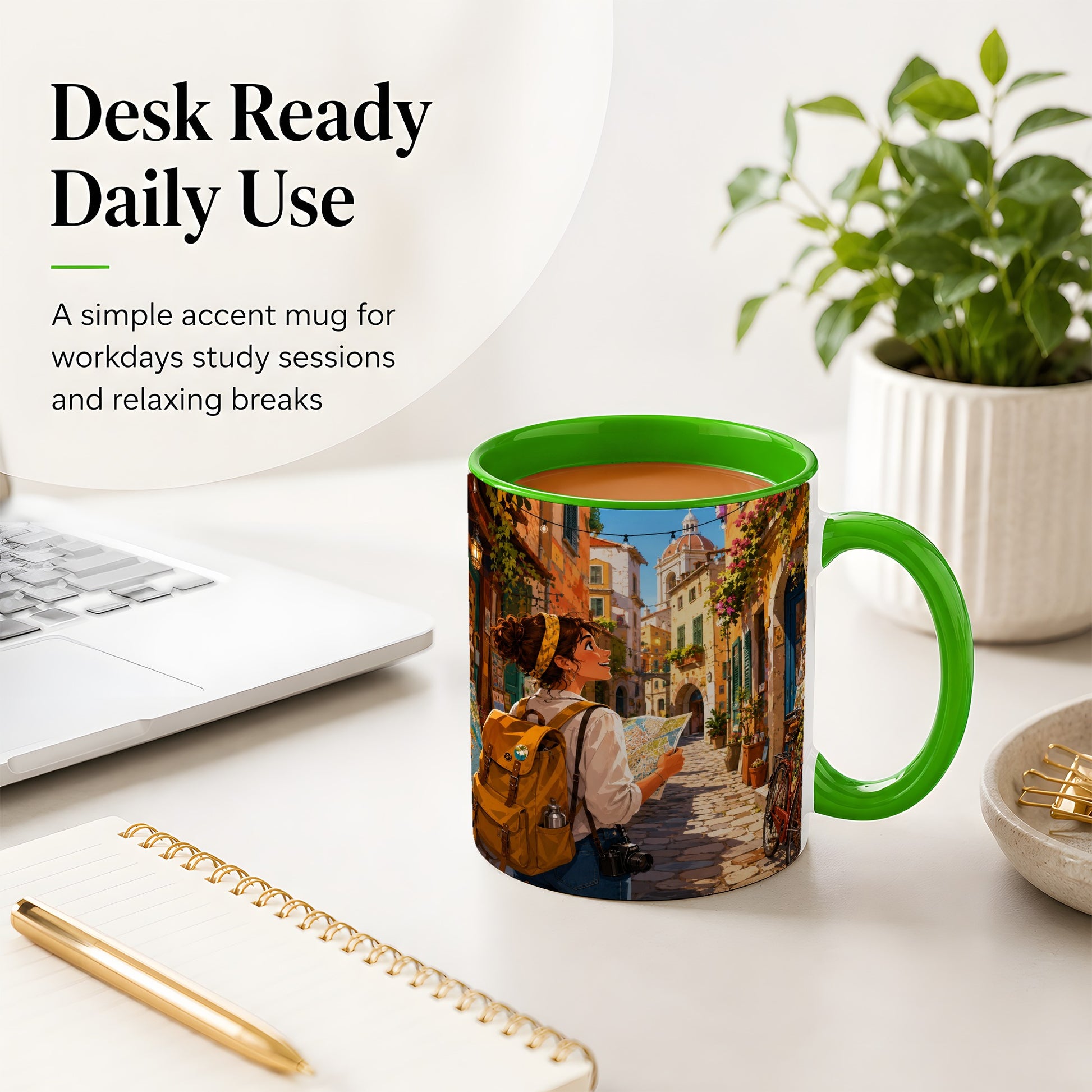 #pl[11oz|Green] City Traveler Ceramic Mug, Colorful Old Town Map Adventure