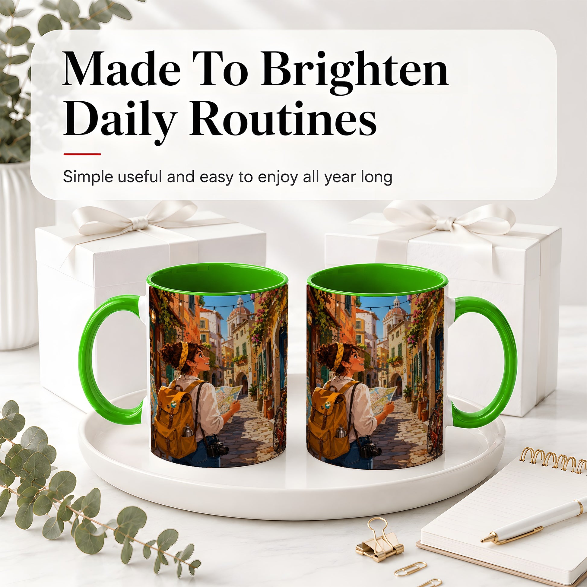 #pl[11oz|Green] City Traveler Ceramic Mug, Colorful Old Town Map Adventure