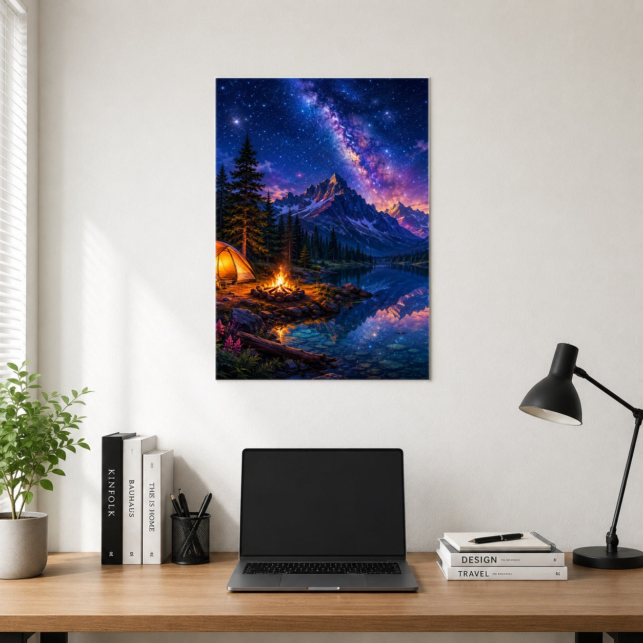 #pl[8x10 Inch|Multicolor] Milky Way Camping Poster, Mountain Lake Campfire Wall Art Print