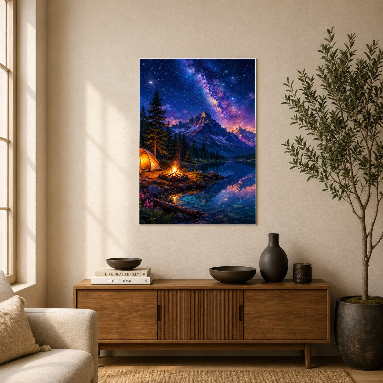 #pl[8x10 Inch|Multicolor] Milky Way Camping Poster, Mountain Lake Campfire Wall Art Print