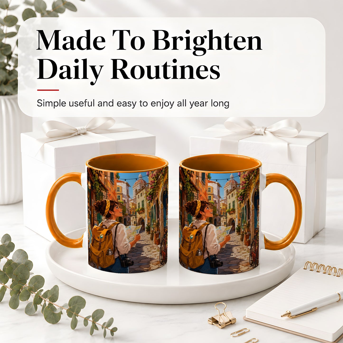 #pl[11oz|Orange] City Traveler Ceramic Mug, Colorful Old Town Map Adventure