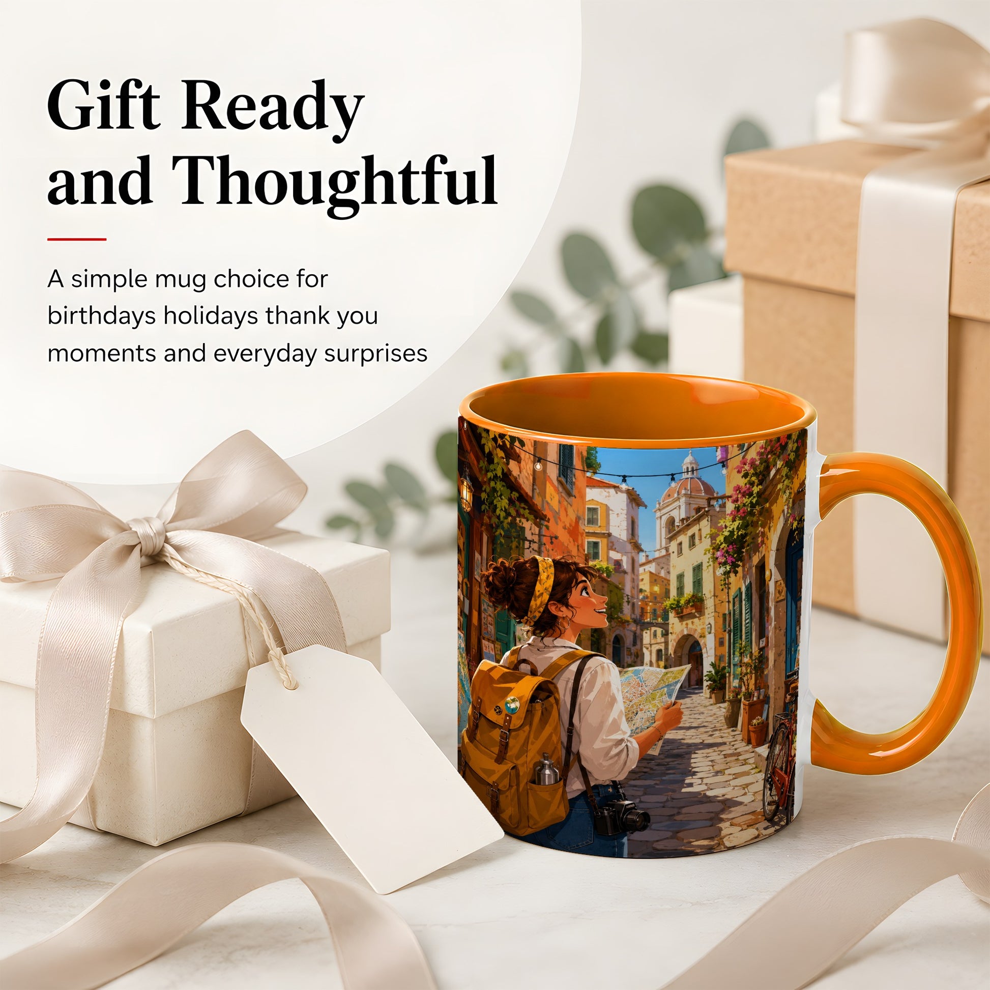 #pl[11oz|Orange] City Traveler Ceramic Mug, Colorful Old Town Map Adventure