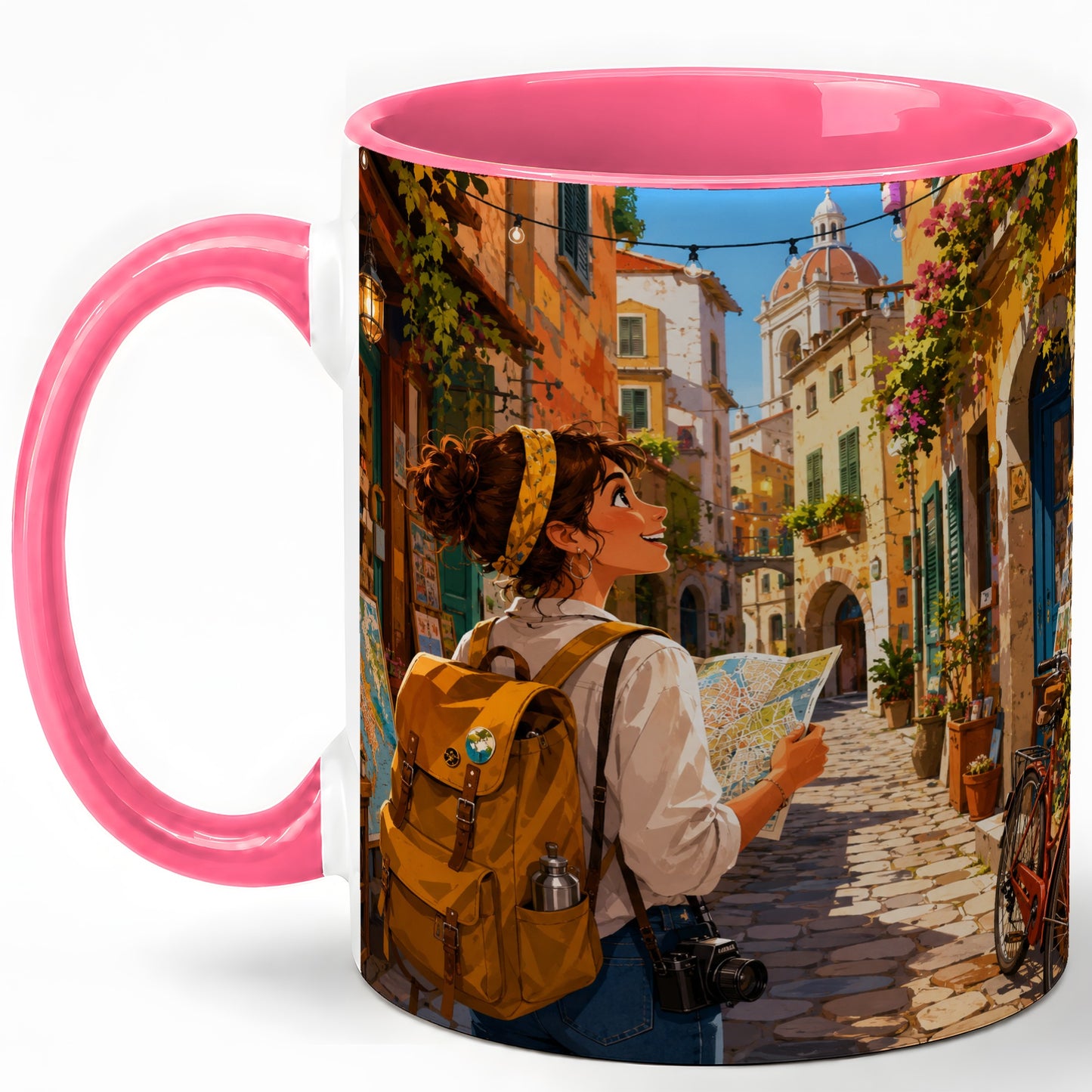 #pl[11oz|Pink] City Traveler Ceramic Mug, Colorful Old Town Map Adventure