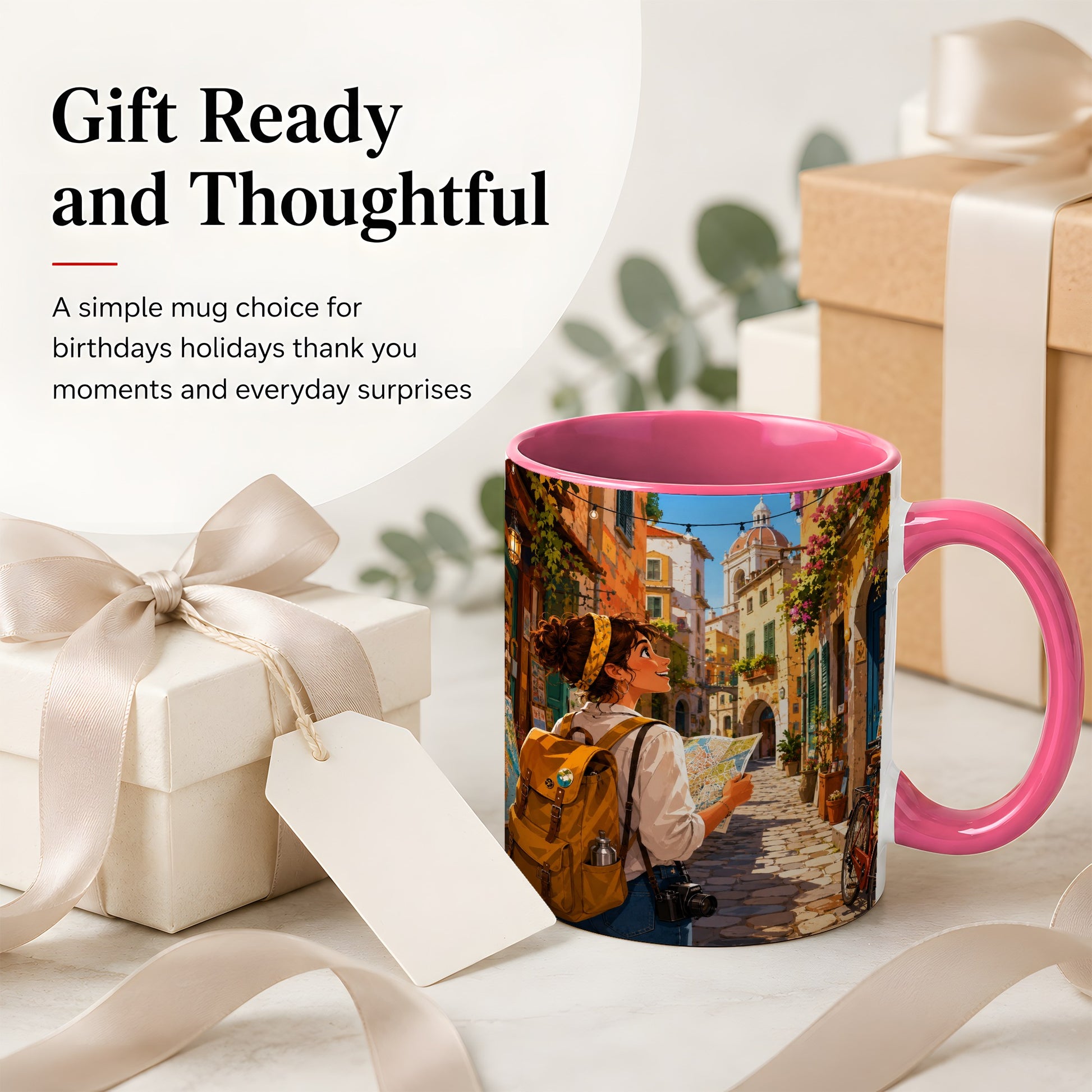 #pl[11oz|Pink] City Traveler Ceramic Mug, Colorful Old Town Map Adventure