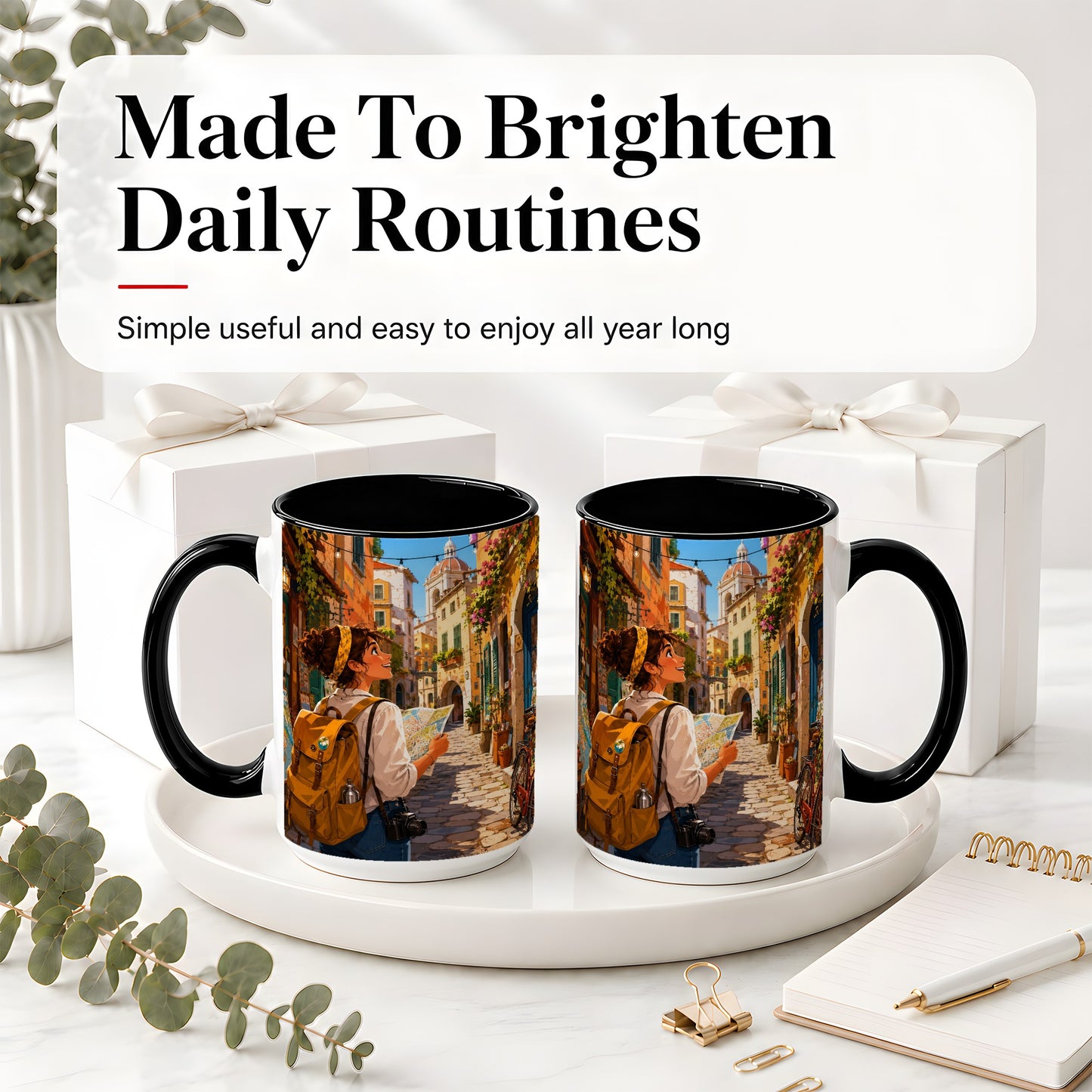 #pl[15oz|Black] City Traveler Ceramic Mug, Colorful Old Town Map Adventure