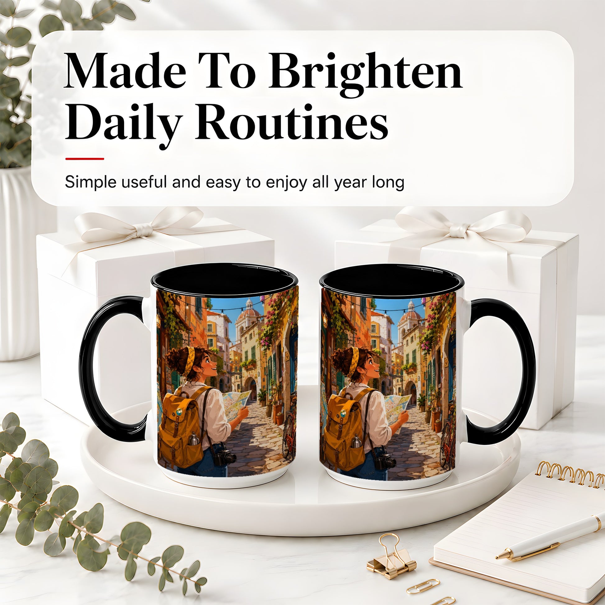#pl[15oz|Black] City Traveler Ceramic Mug, Colorful Old Town Map Adventure