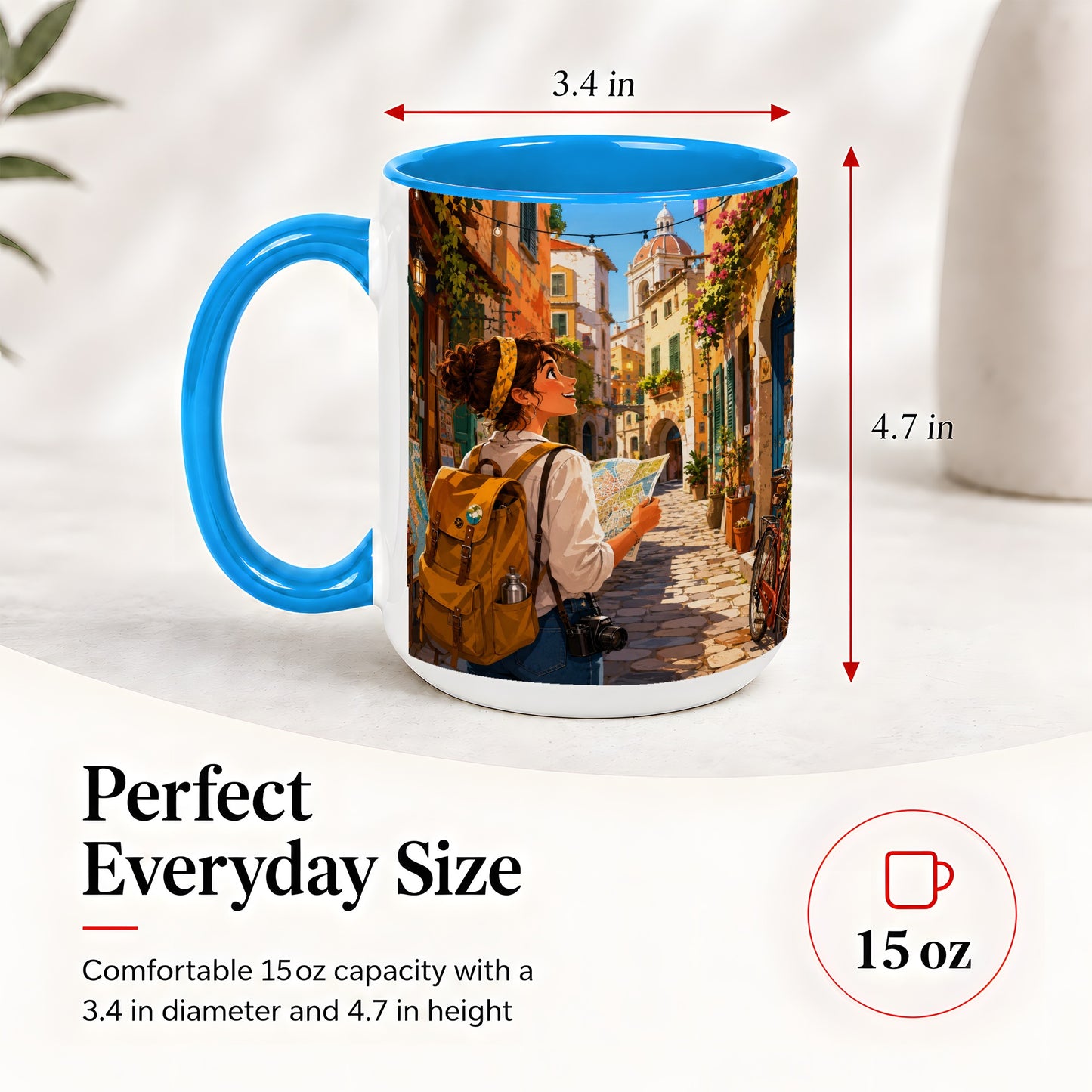 #pl[15oz|Blue] City Traveler Ceramic Mug, Colorful Old Town Map Adventure