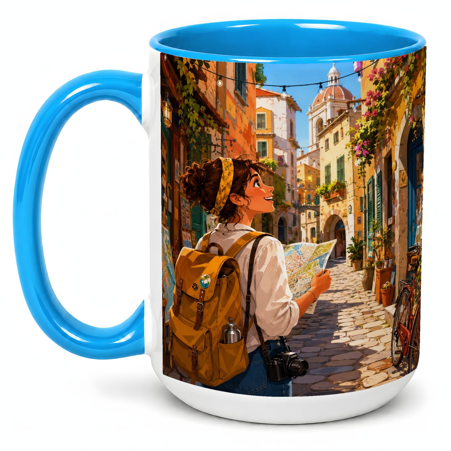 #pl[15oz|Blue] City Traveler Ceramic Mug, Colorful Old Town Map Adventure
