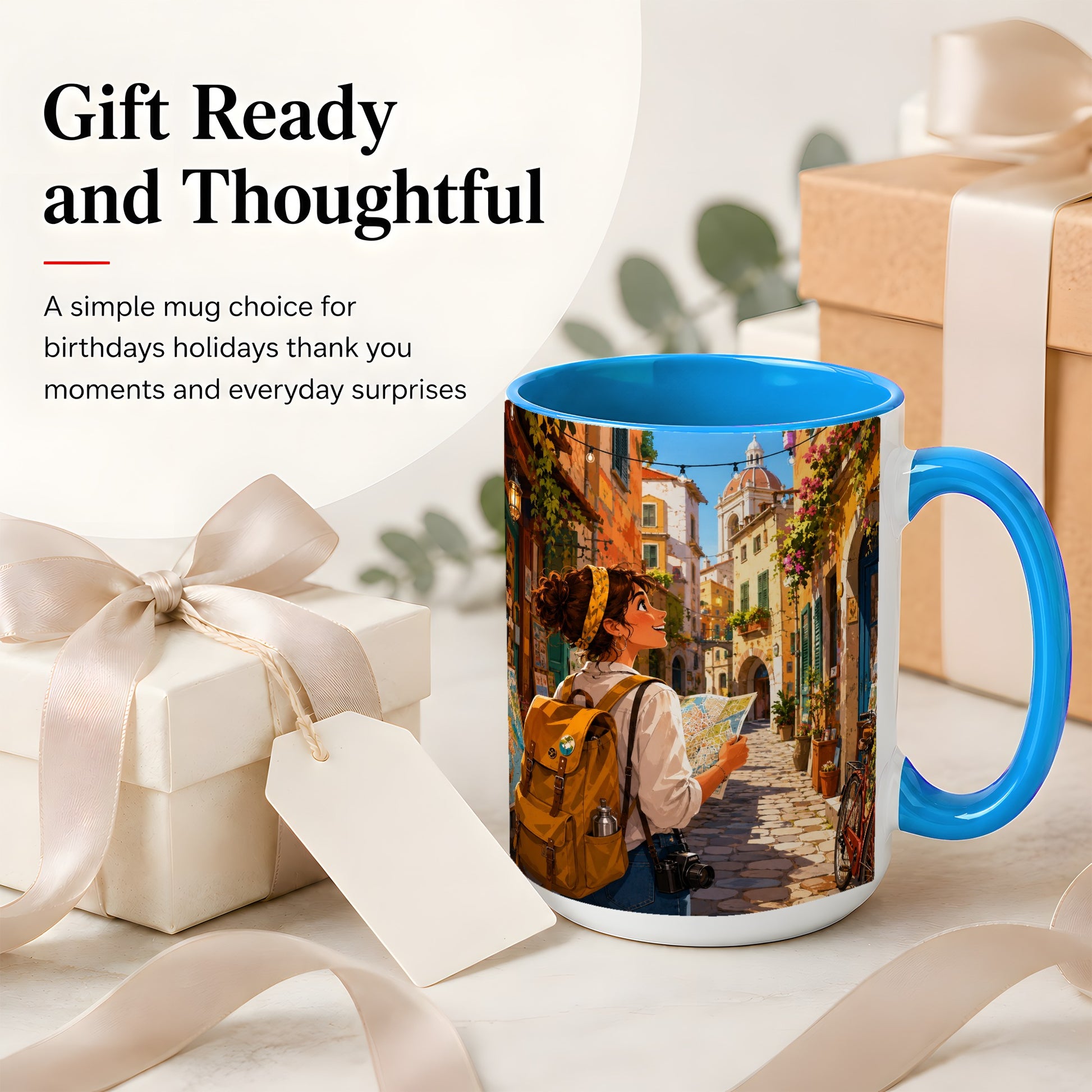 #pl[15oz|Blue] City Traveler Ceramic Mug, Colorful Old Town Map Adventure