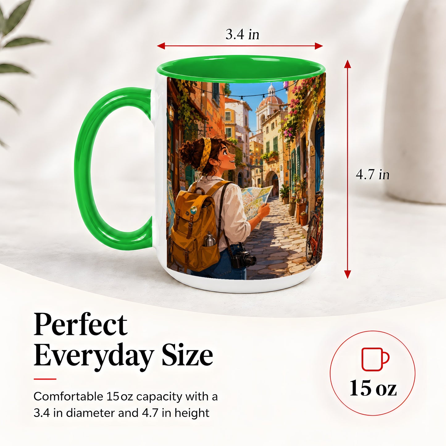 #pl[15oz|Green] City Traveler Ceramic Mug, Colorful Old Town Map Adventure