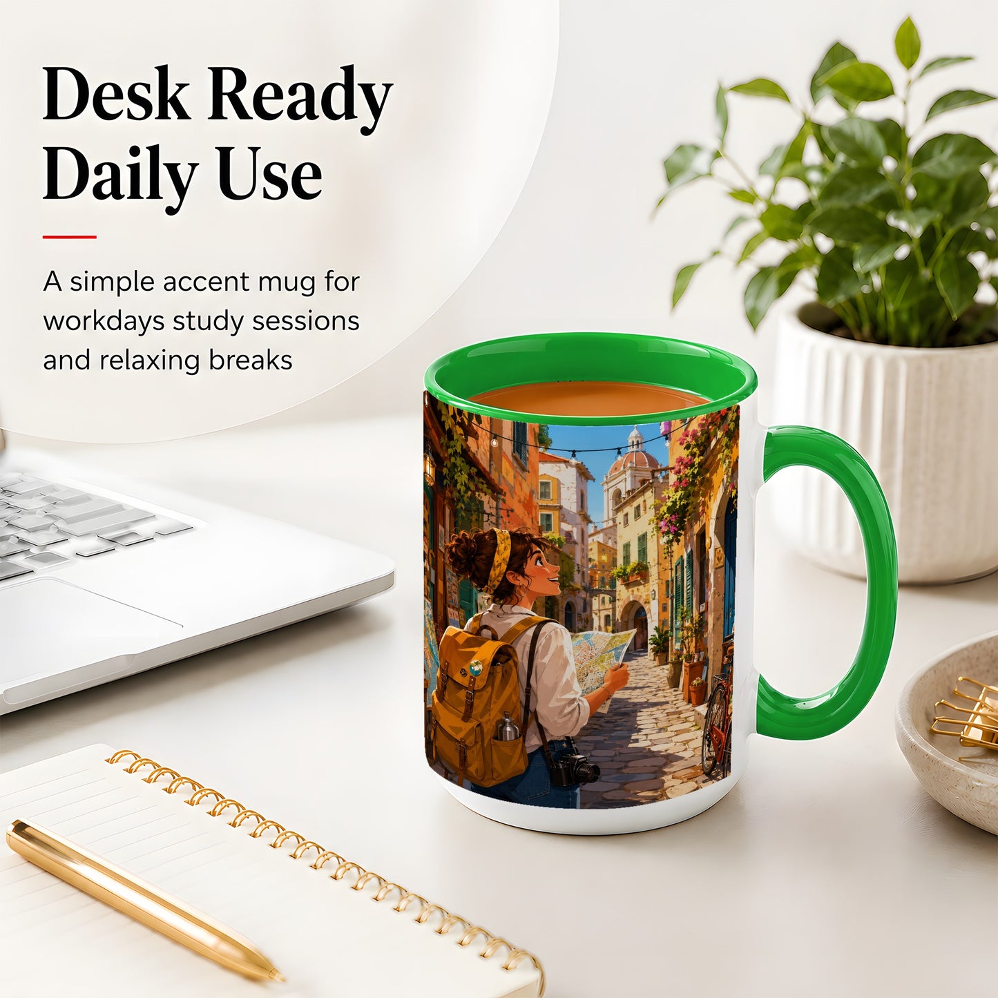 #pl[15oz|Green] City Traveler Ceramic Mug, Colorful Old Town Map Adventure